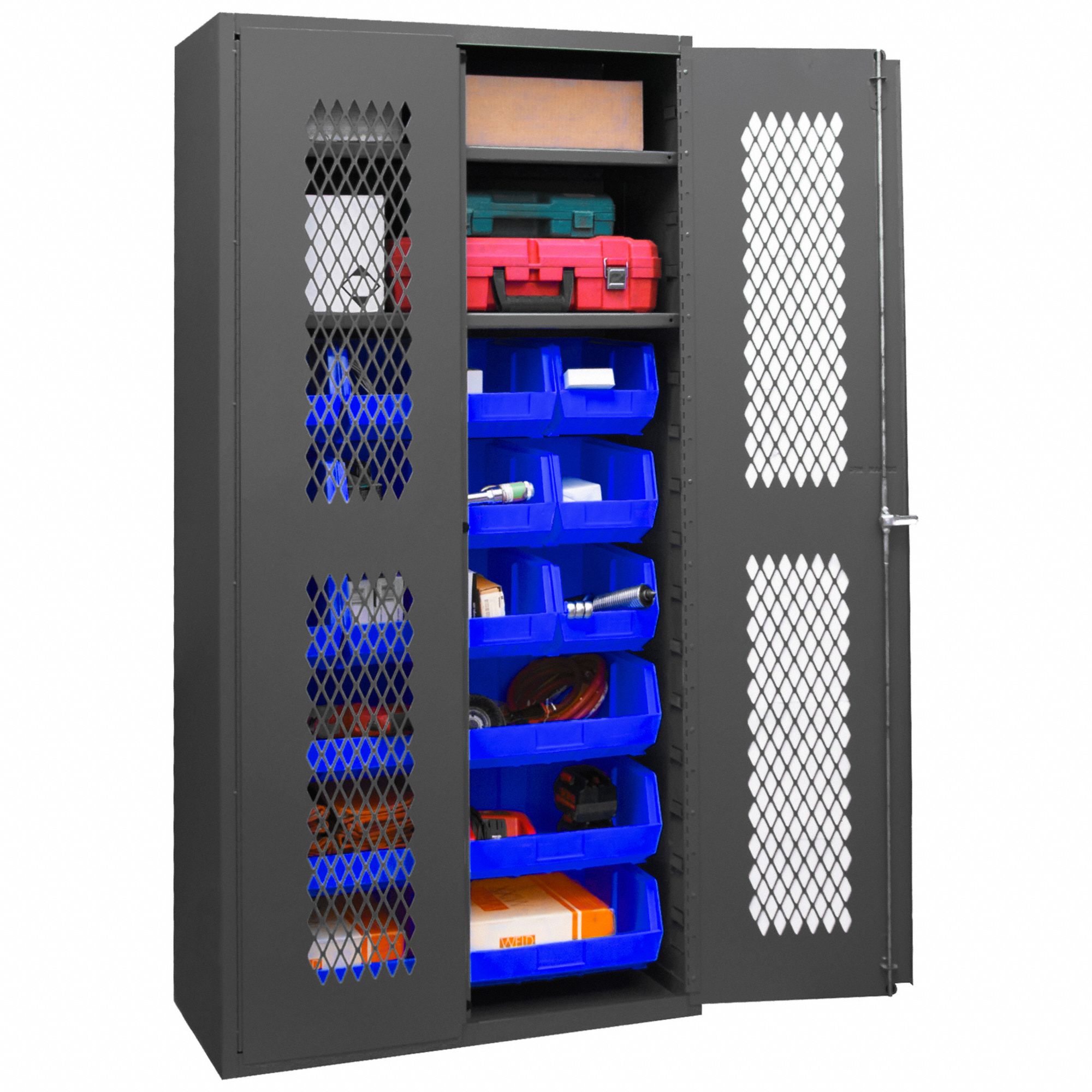 Bin Cabinet: 36 in x 18 in 72 in, 2 Shelves, 18 Bins, Blue, Ventilated, 14 ga Panel, Gray