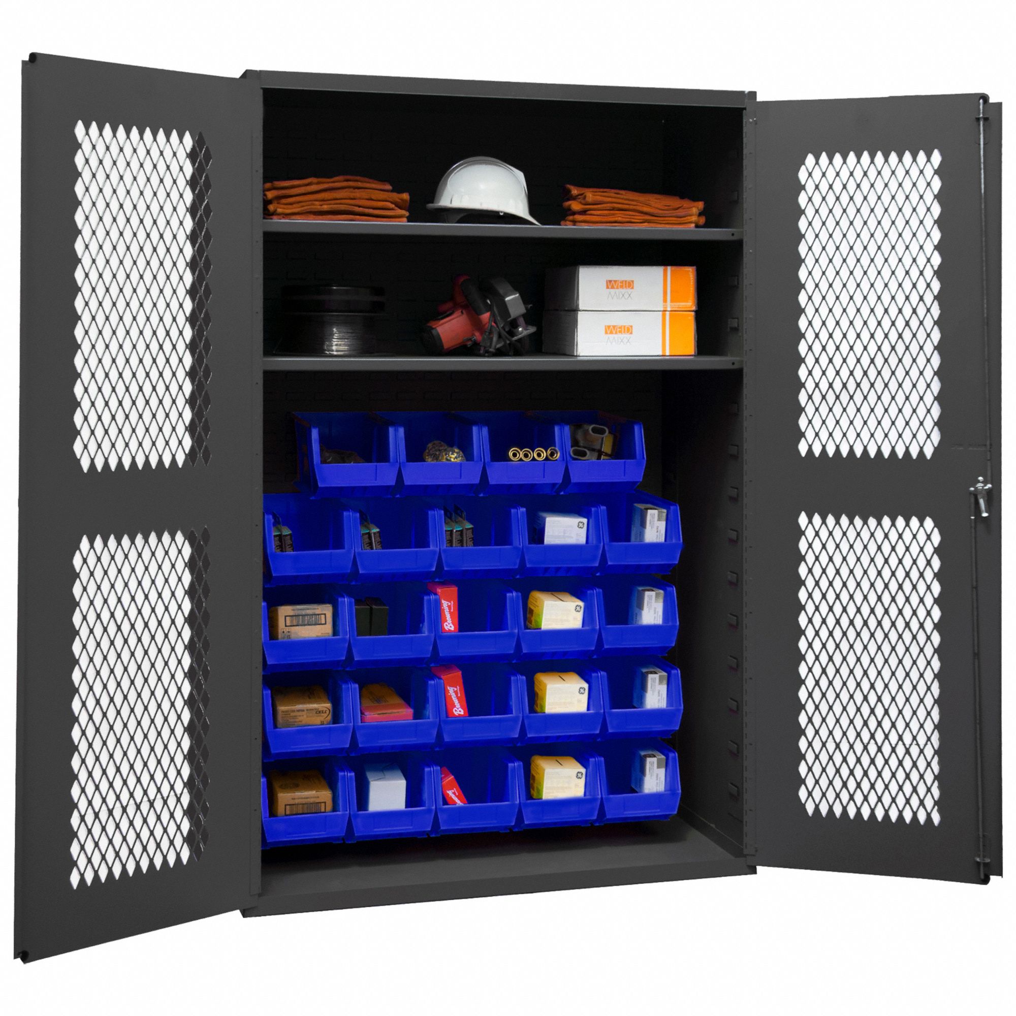 Bin Cabinet: 48 in x 18 in 72 in, 2 Shelves, 24 Bins, Blue, Ventilated, 14 ga Panel, Gray
