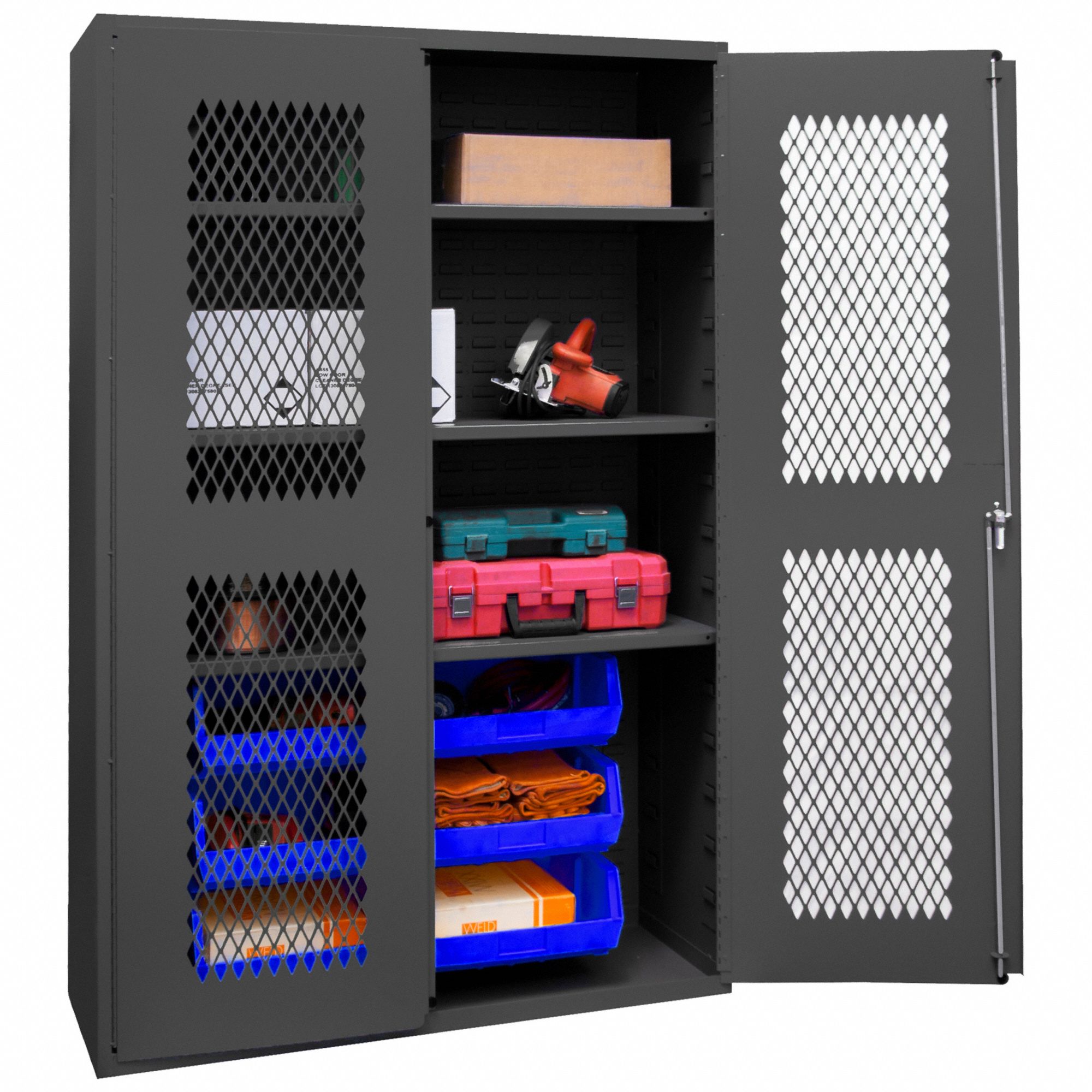 Bin Cabinet: 48 in x 24 in 72 in, 3 Shelves, 6 Bins, Blue, Ventilated, 14 ga Panel, Gray