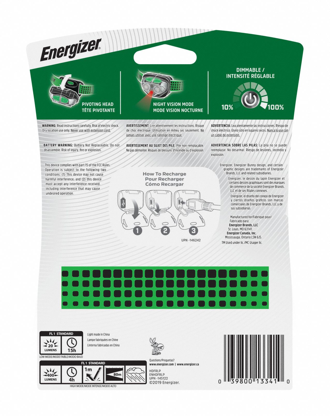 ENERGIZER Rechargeable Headlamp 400 lm Max Brightness, 8 hr Max Run
