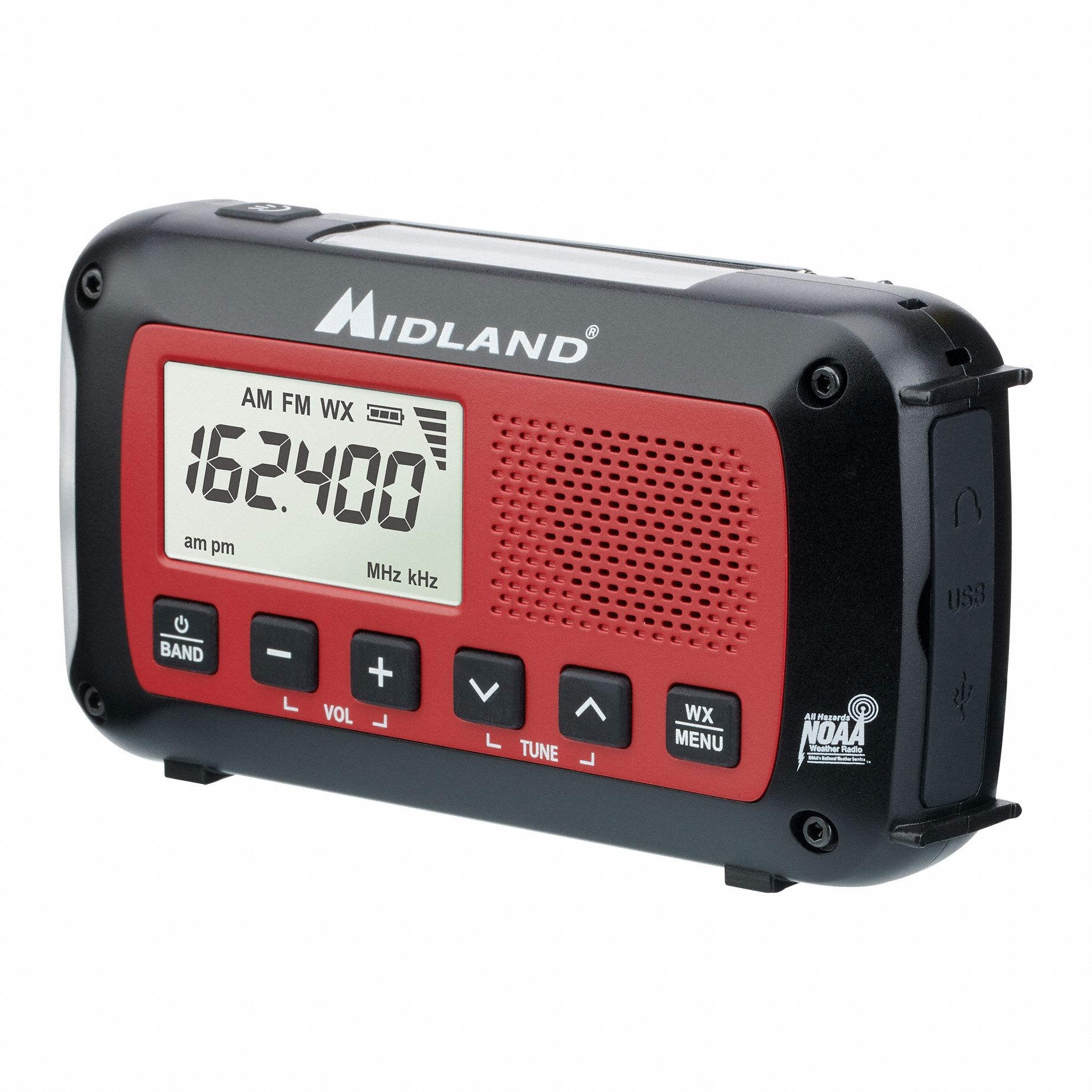 Weather Radio: AM/FM/NOAA, Black/Red, Display Included, SAME/FIPS Monitoring