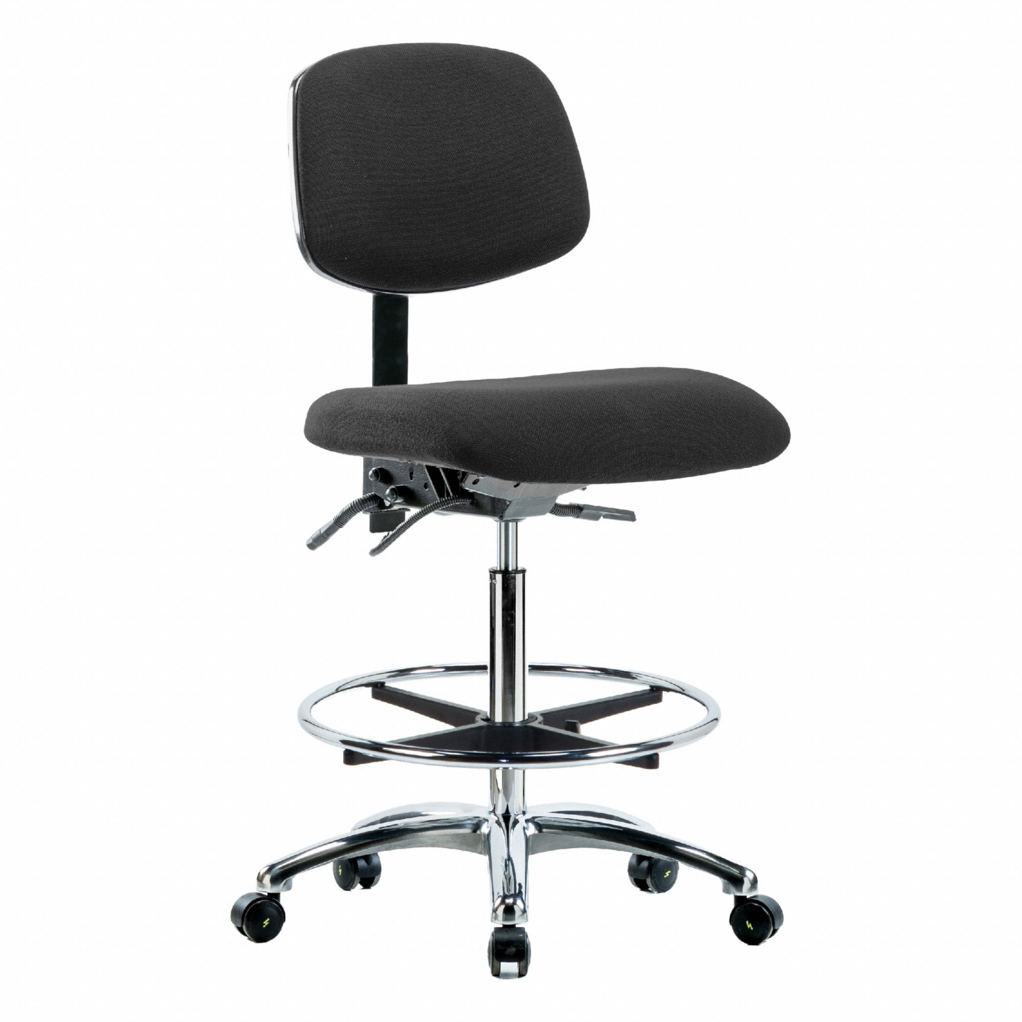 ESD Chair: Fabric, Armless, Ht Range 26 1/4 in to 36 in, 18 1/2 in Seat Wd, 17 in Seat Dp, 5 Casters