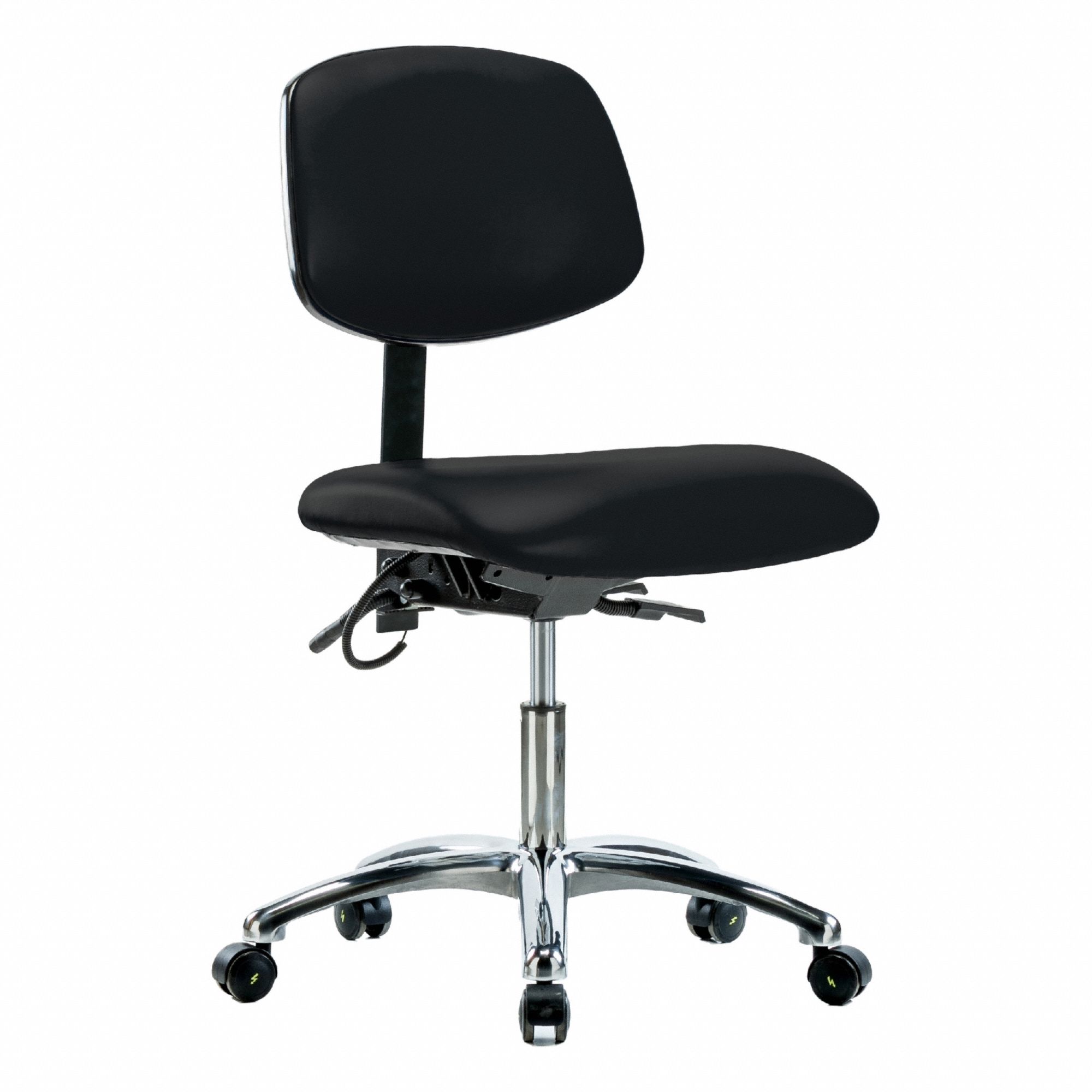 ESD Chair: Vinyl, Armless, Ht Range 19 in to 24 in, 18 1/2 in Seat Wd, 17 in Seat Dp, 5 Casters