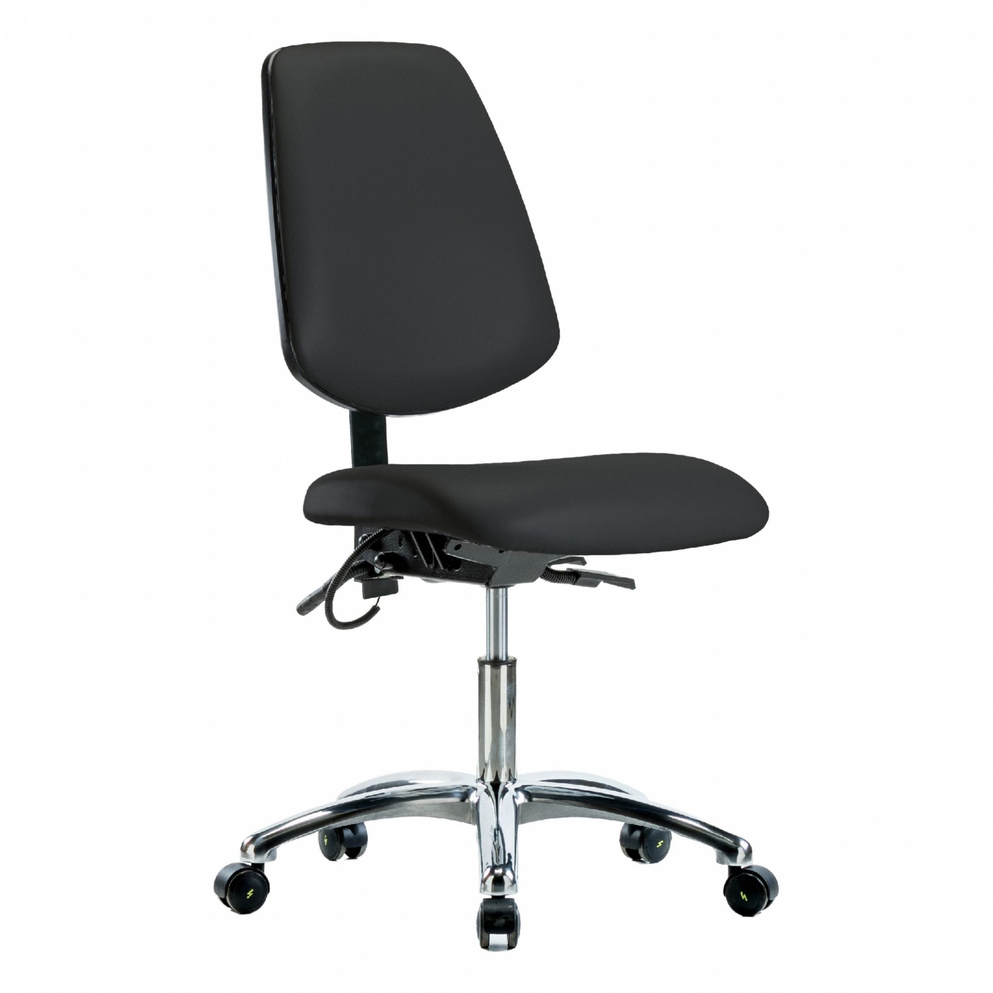 ESD Chair: Vinyl, Armless, Ht Range 19 in to 24 in, 18 1/2 in Seat Wd, 17 in Seat Dp, 5 Casters