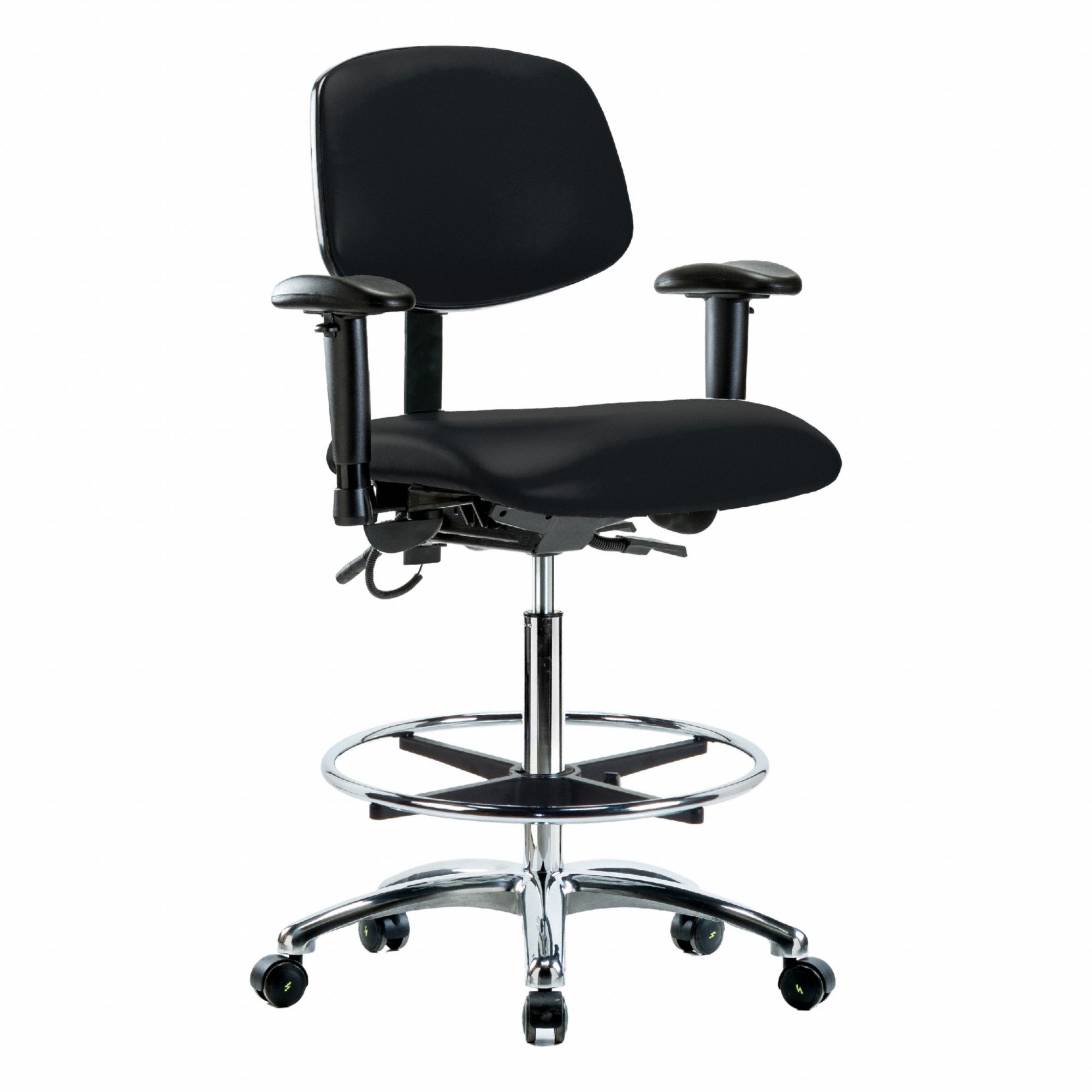 ESD Task Chair: Vinyl, Arms Included, Ht Range 26 1/4 in to 36 in, 18 1/2 in Seat Wd, 17 in Seat Dp