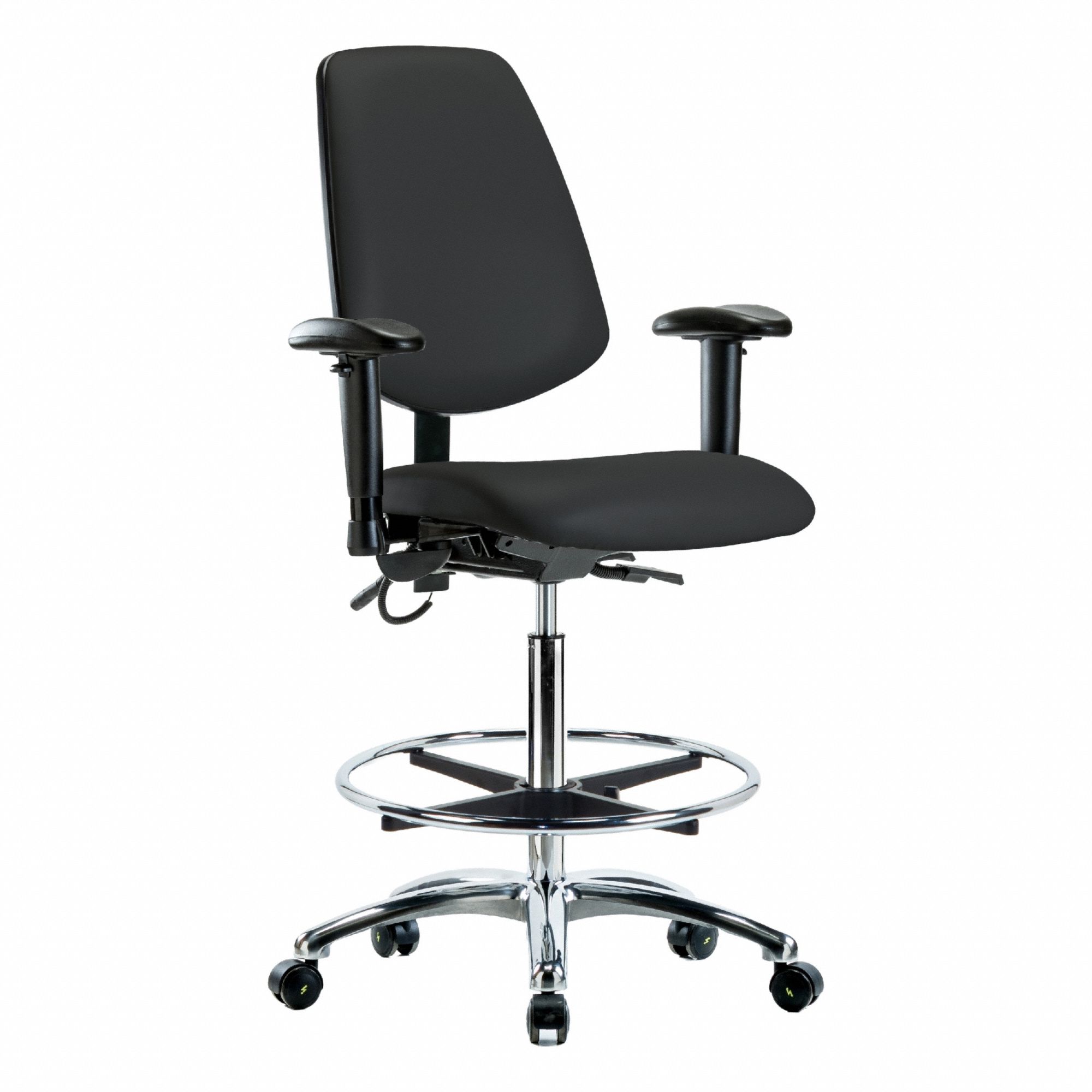 ESD Task Chair: Vinyl, Arms Included, Ht Range 26 1/4 in to 36 in, 18 1/2 in Seat Wd, 17 in Seat Dp
