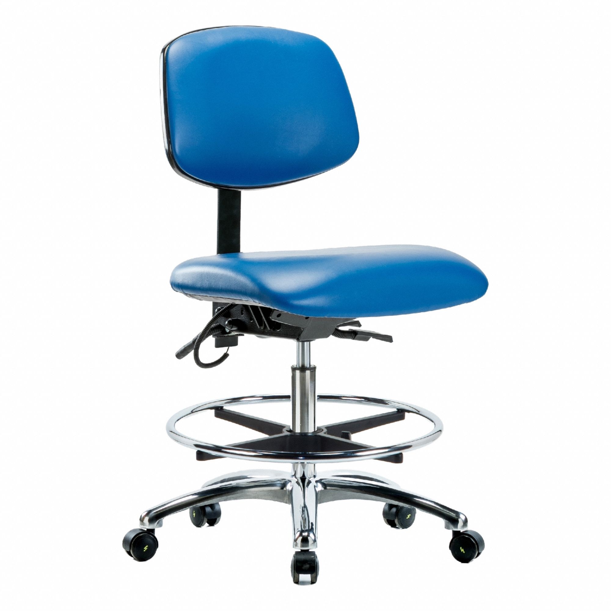 ESD Task Chair: Vinyl, Armless, Ht Range 21 1/2 in to 29 in, 18 1/2 in Seat Wd, 17 in Seat Dp, Blue