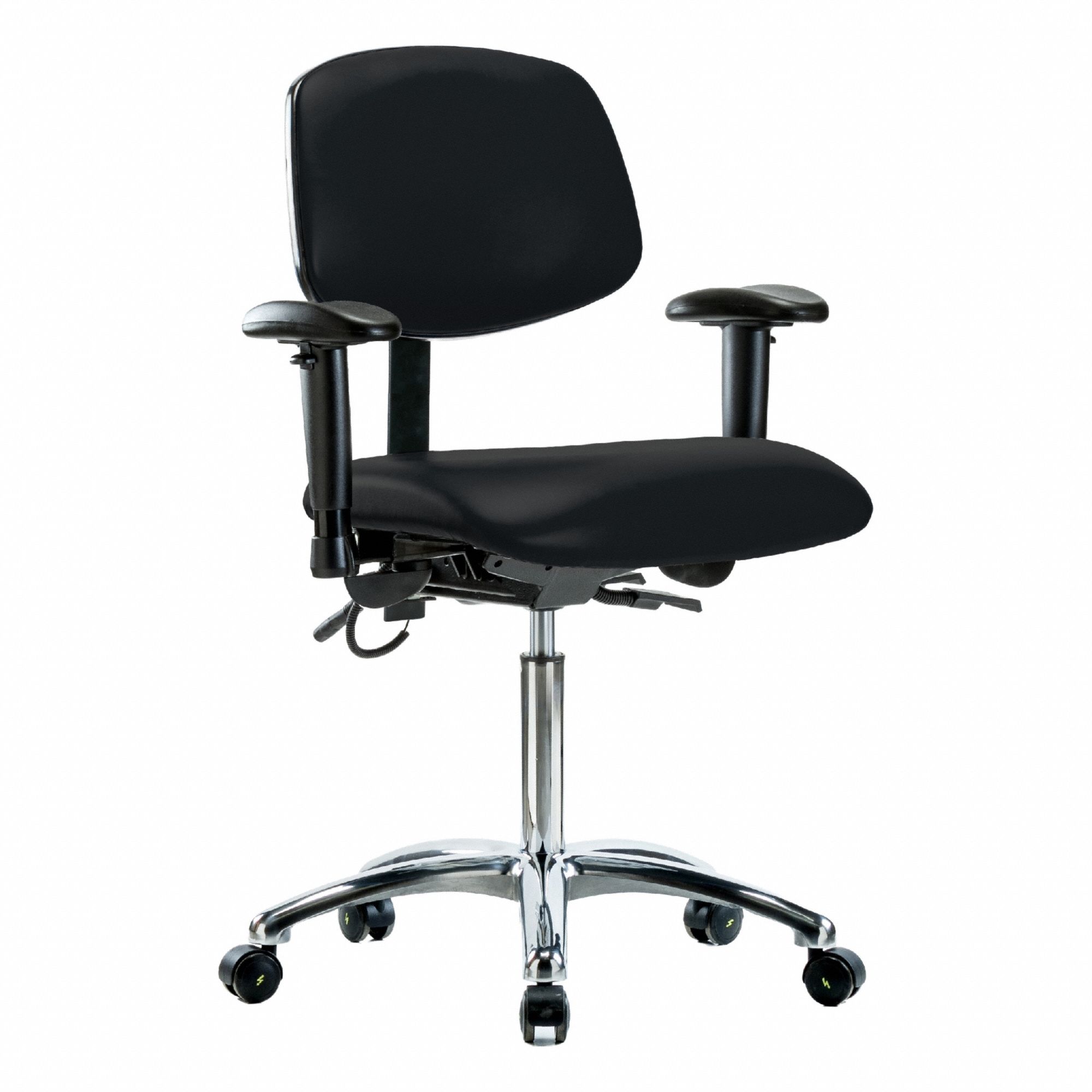 ESD Task Chair: Vinyl, Arms Included, Ht Range 21 1/2 in to 29 in, 18 1/2 in Seat Wd, 17 in Seat Dp