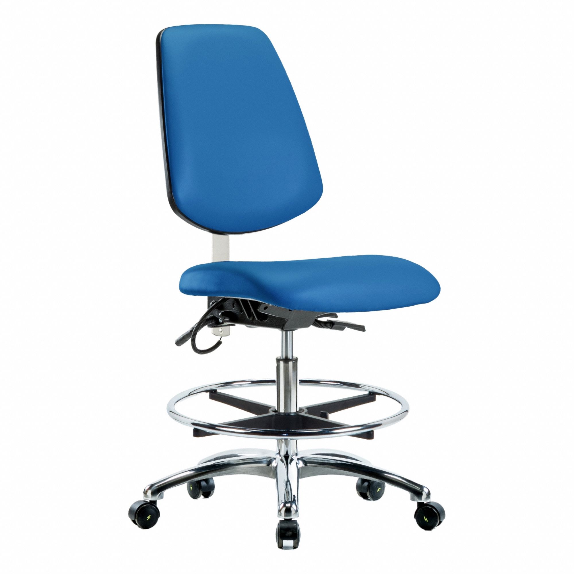 ESD Task Chair: Vinyl, Armless, Ht Range 21 1/2 in to 29 in, 18 1/2 in Seat Wd, 17 in Seat Dp, Blue