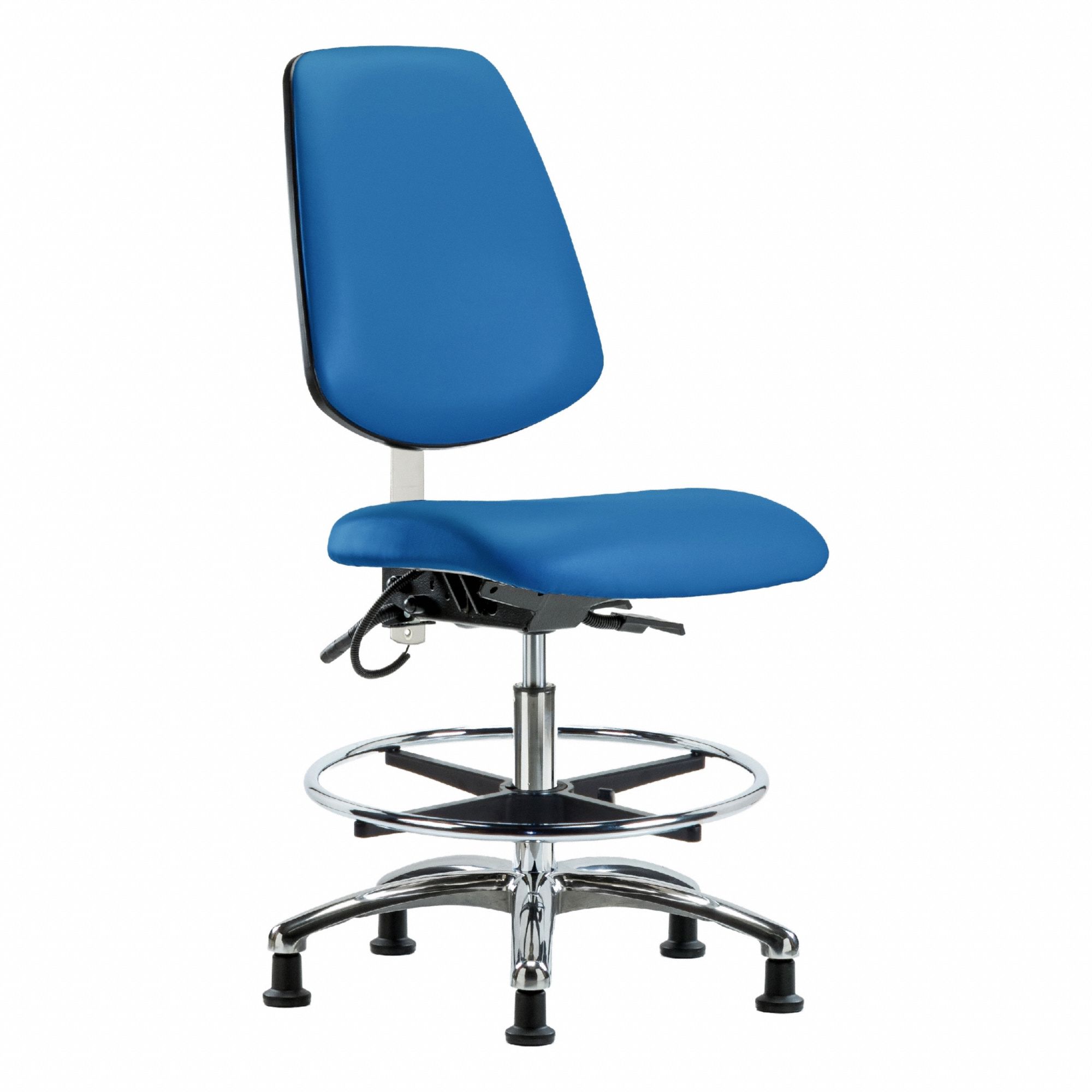 ESD Task Chair: Vinyl, Armless, Ht Range 21 1/2 in to 29 in, 18 1/2 in Seat Wd, 17 in Seat Dp, Blue