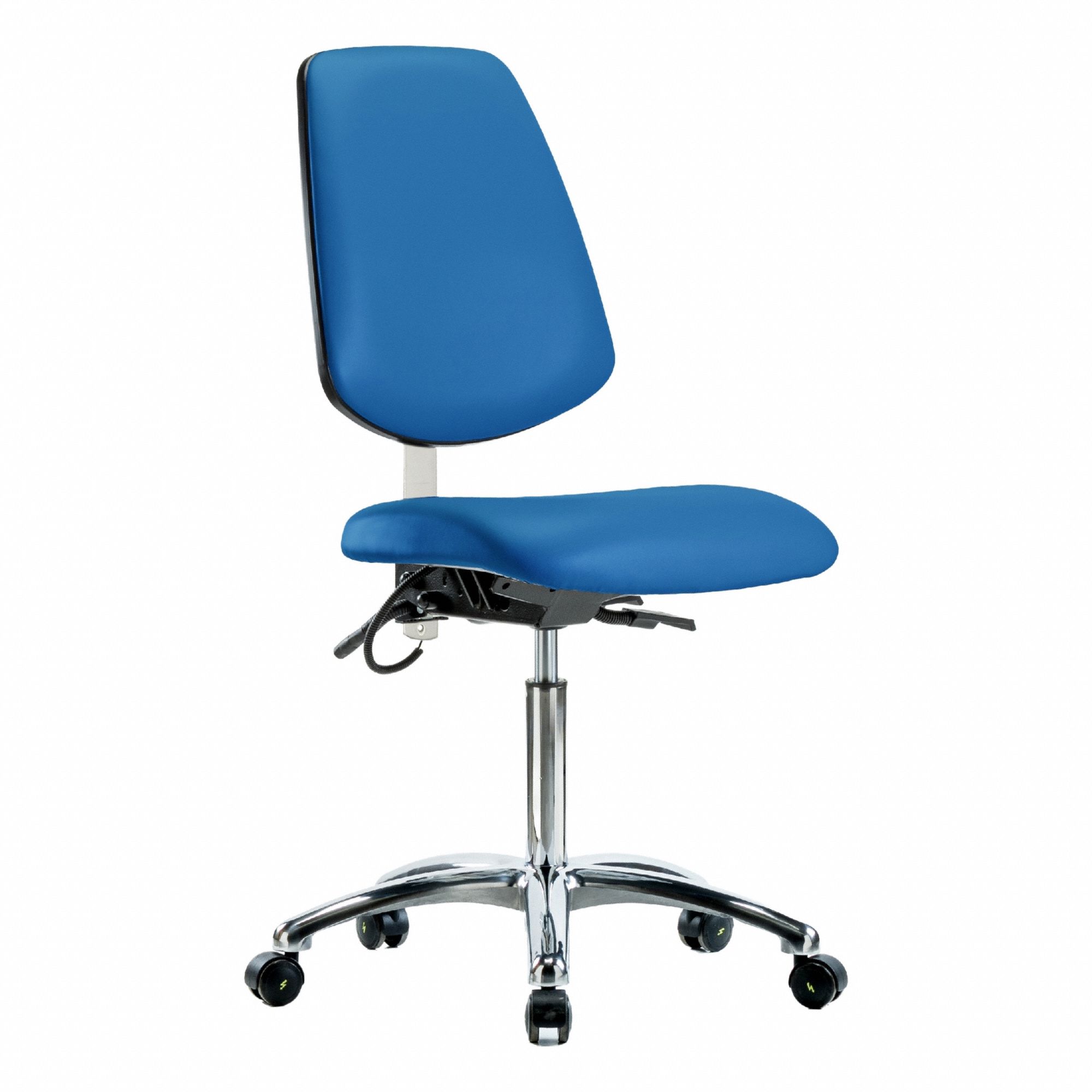 ESD Task Chair: Vinyl, Armless, Ht Range 21 1/2 in to 29 in, 18 1/2 in Seat Wd, 17 in Seat Dp, Blue