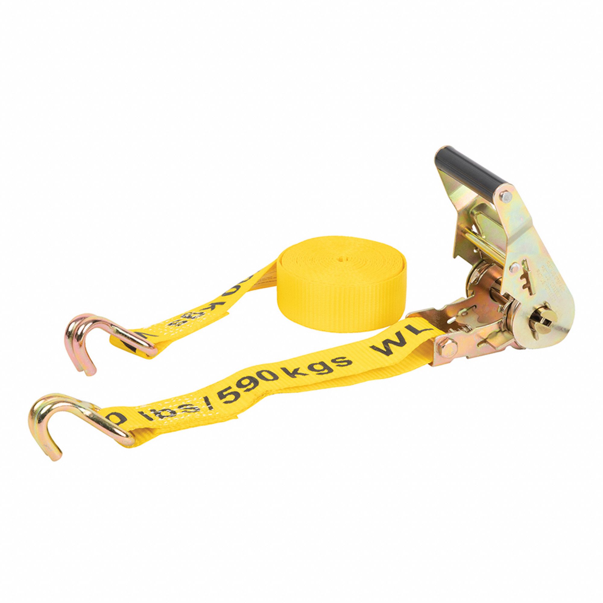 TIE-DOWN, YELLOW, 1 1/2 IN W X 15 FT L, 1,333 LB LOAD LIMIT, J-HOOK END TYPE, 90-DAY WARRANTY
