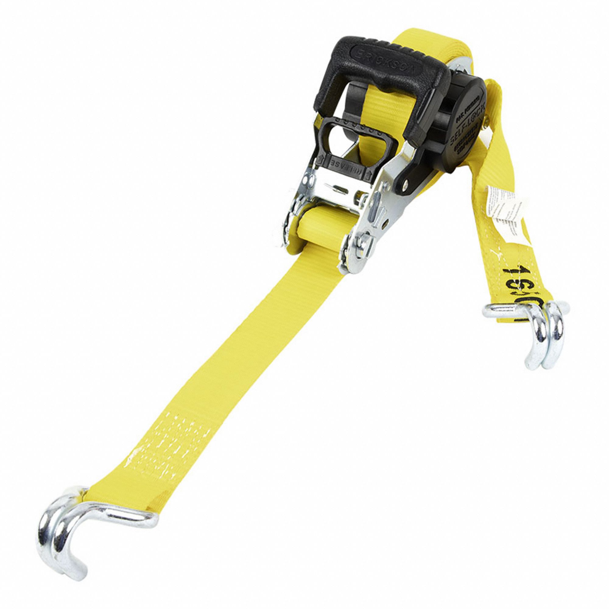 RATCHET STRAP, YELLOW, 1 1/2 IN W X 16 FT L, 665 LB LOAD LIMIT, J-HOOK END TYPE, 90-DAY WARRANTY