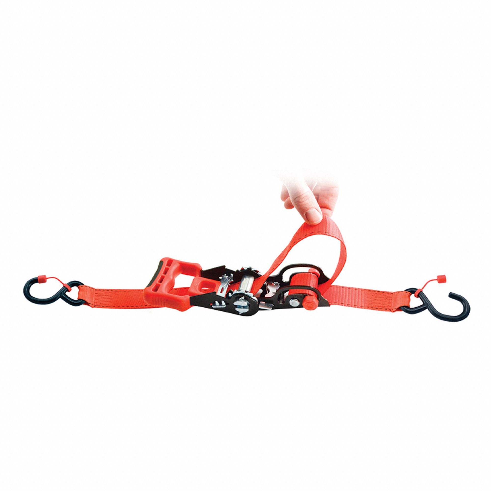 SLIDING RATCHET STRAP, RED, 1 1/4 IN W X 8 FT L, 665 LB LOAD LIMIT, S-HOOK END TYPE, 90-DAY WARRANTY