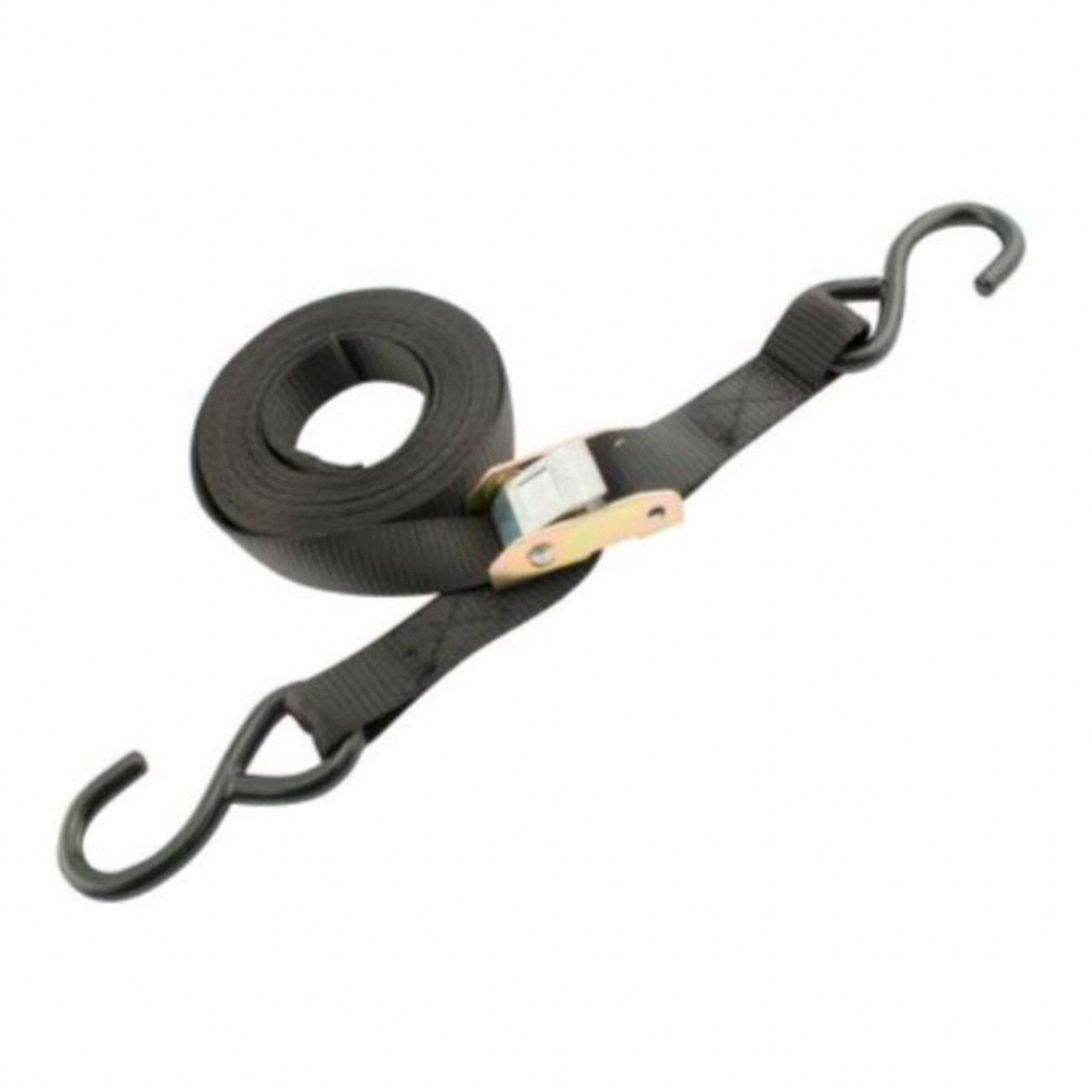 CAM BUCKLE STRAP, BLACK, 1 IN W X 15 FT L, 250 LB LOAD LIMIT, S-HOOK END TYPE, 90-DAY WARRANTY
