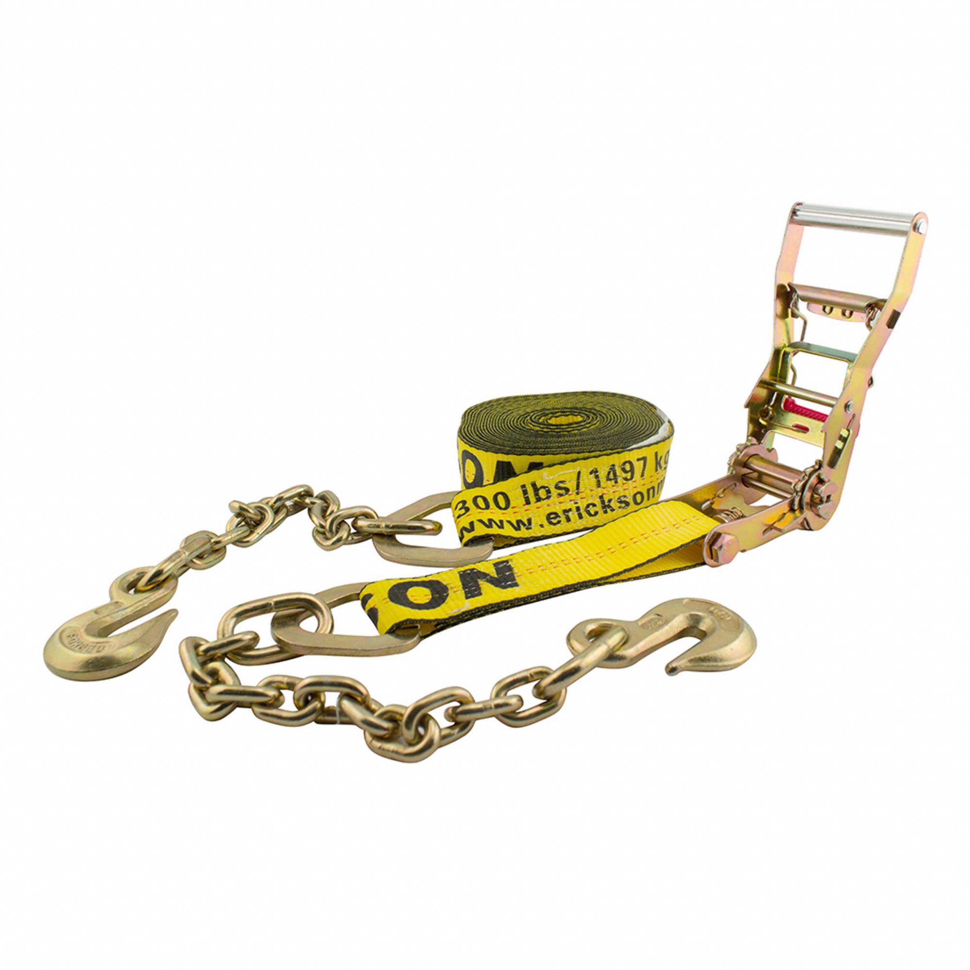 LONG HANDLE RATCHET, YELLOW, 2 IN W X 30 FT L, 3,330 LB LOAD LIMIT, GRAB-HOOK END TYPE, 90-DAY WARRANTY