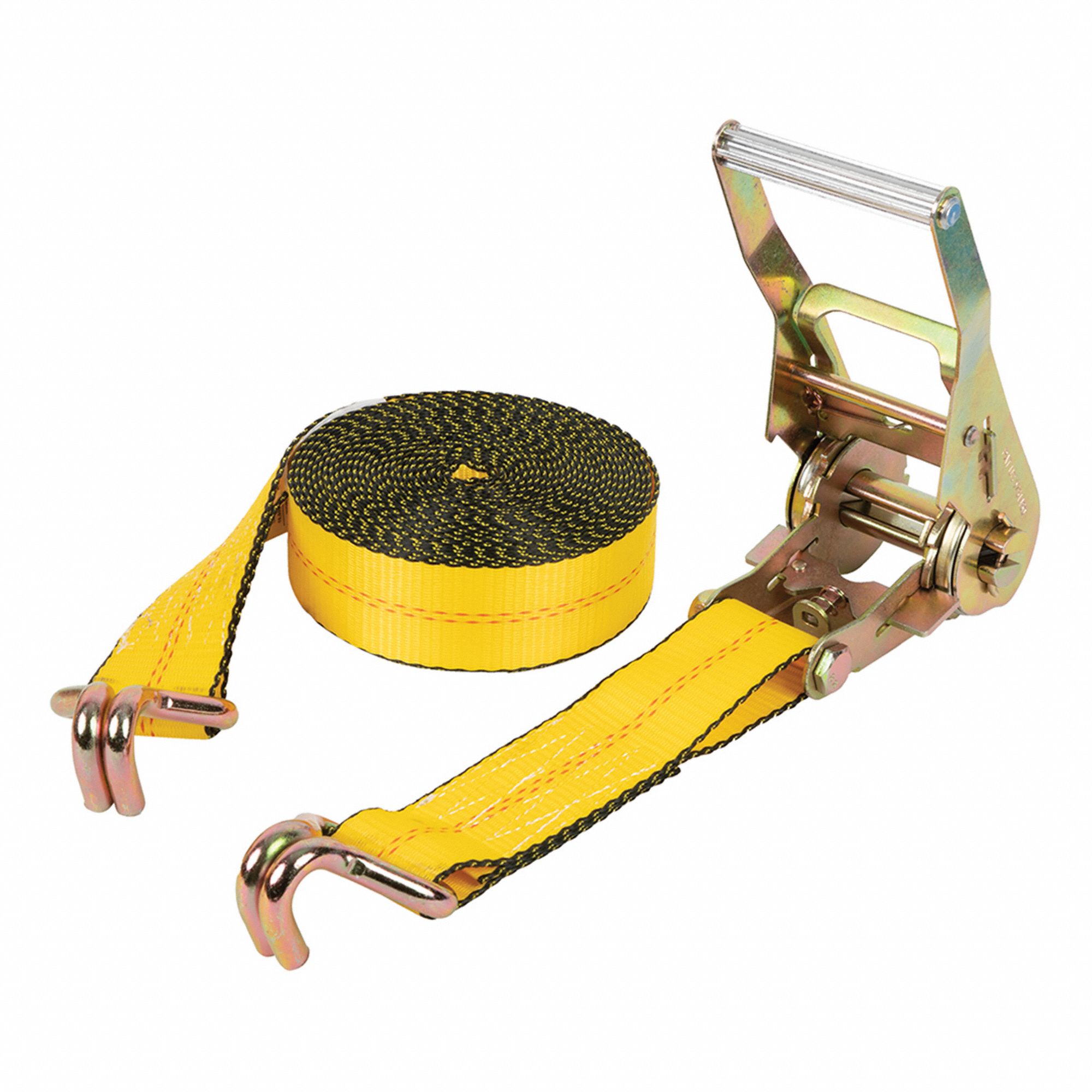 RATCHET TIE-DOWN, YELLOW, 2 IN W X 27 FT L, 3,330 LB LOAD LIMIT, J-HOOK END TYPE, 90-DAY WARRANTY