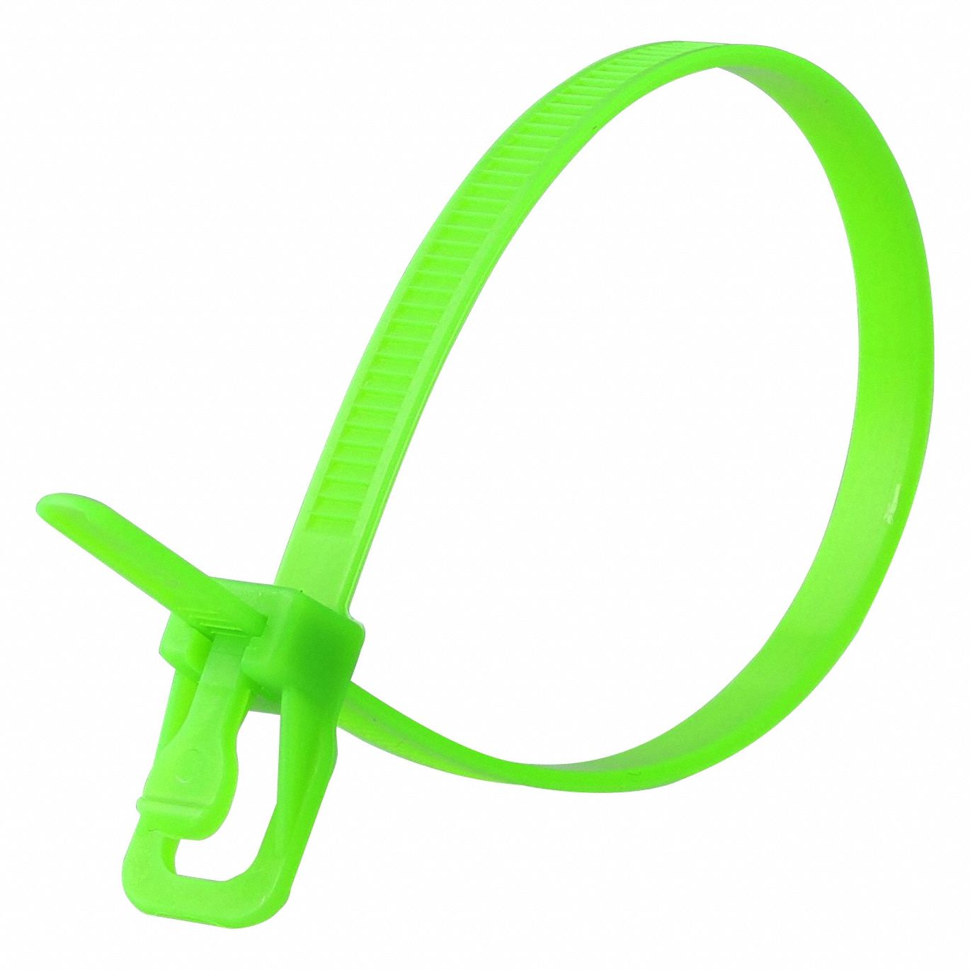 Releasable Cable Tie: Fluorescent Green, 10 in Lg, Max. 71 mm Bundle Dia., 50 lb Rated, 100 PK