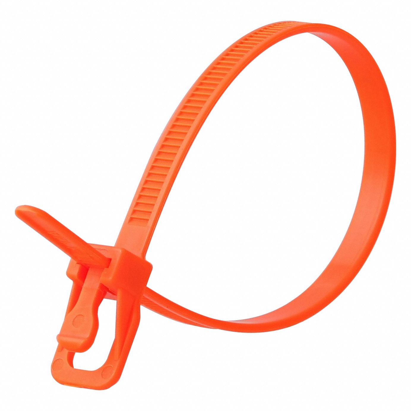 Releasable Cable Tie: Fluorescent Orange, 10 in Lg, Max. 71 mm Bundle Dia., 100 PK