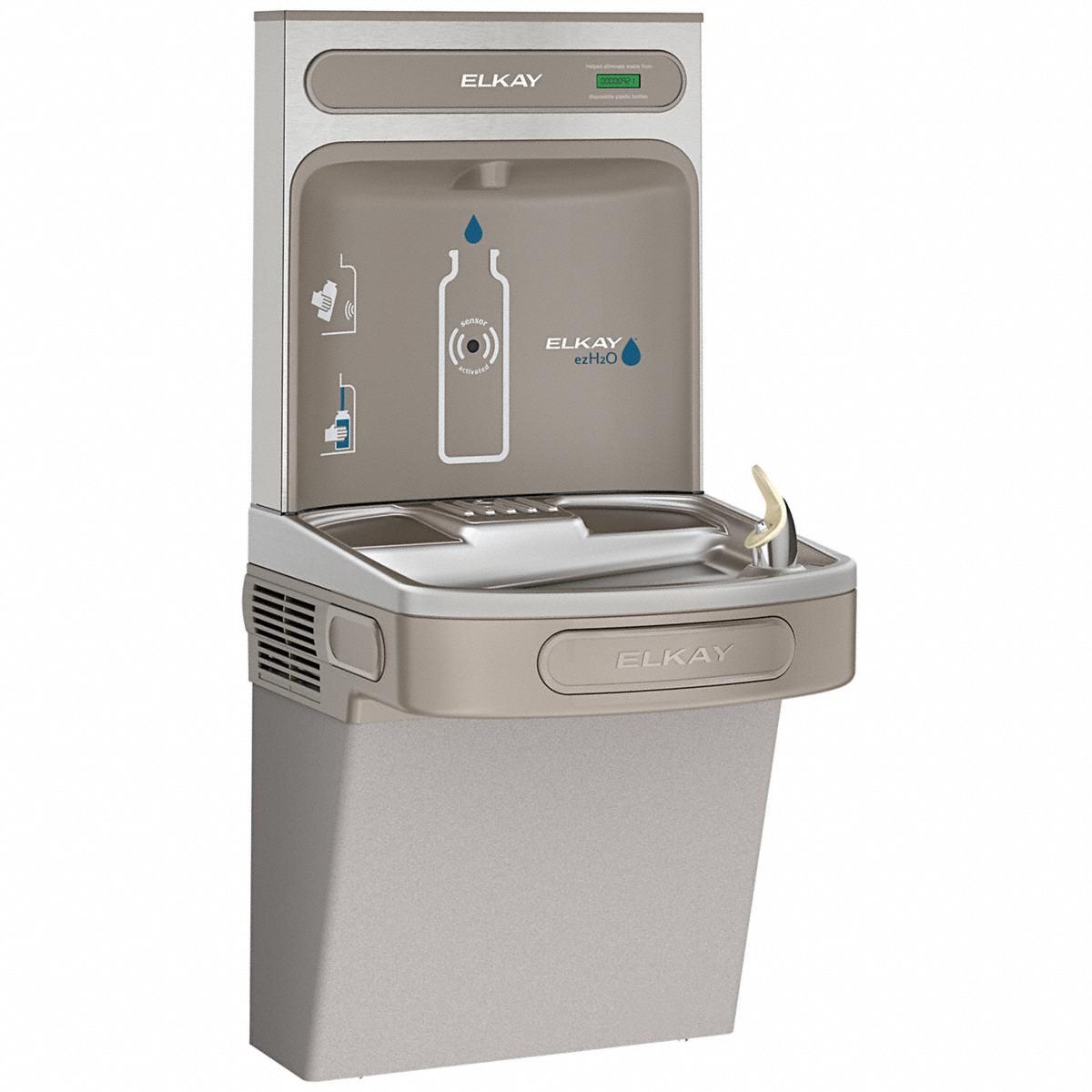 Drinking Fountain with Bottle Filler: On-Wall, Non-Refrigerated, Plastic, Gray, 39 1/16 in Ht