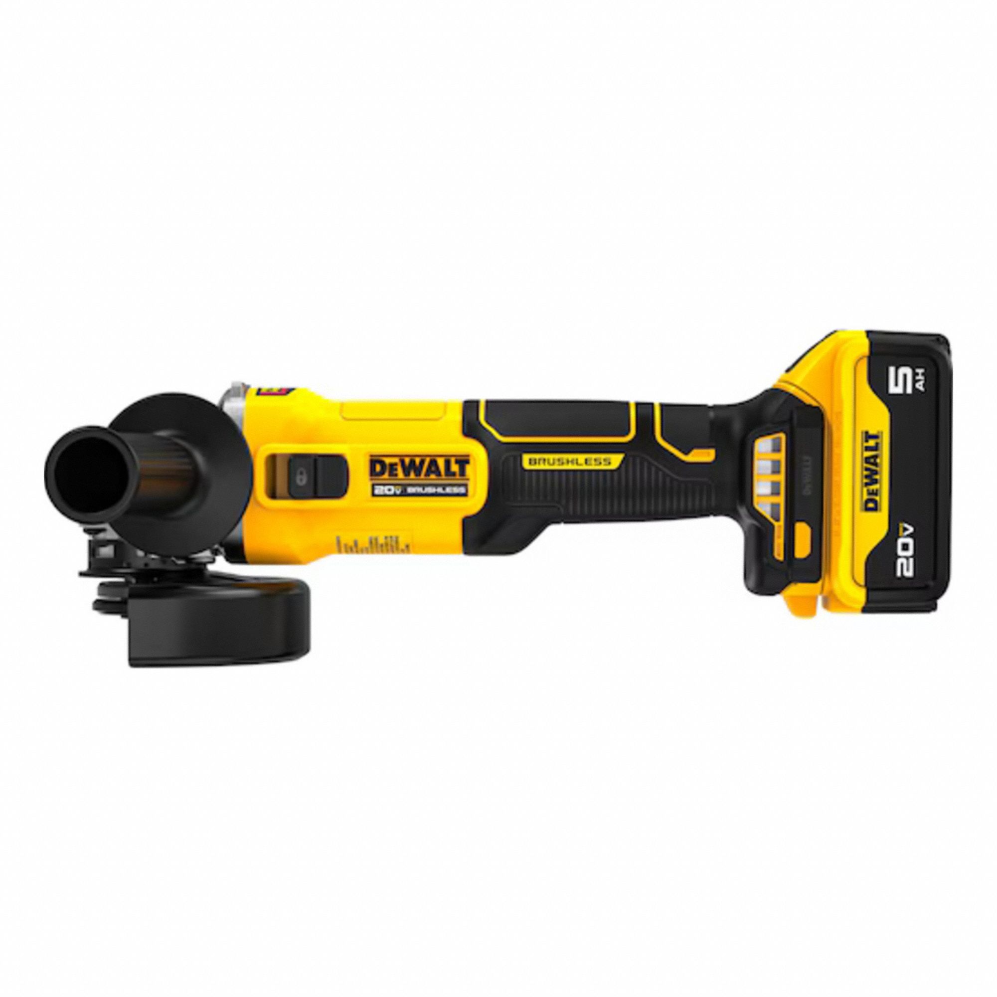 Angle Grinder: 4 1/2 in Wheel Dia, Brushless Motor, 5.0 Ah, 20V DC, Std Head, Barrel Grip Grip