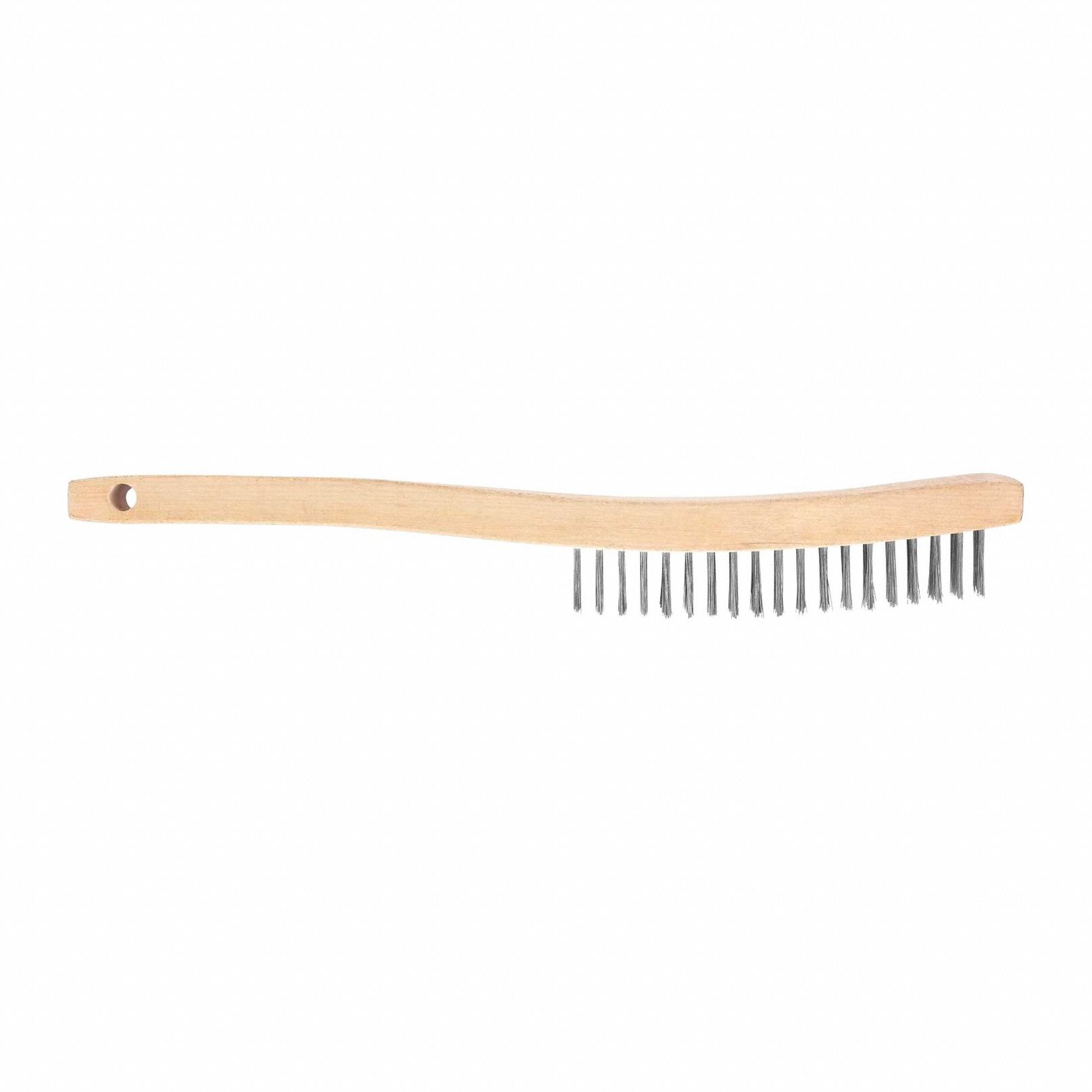 Scratch Brush: Curved Handle, Carbon Steel, Wood, 1 1/8 in Brush Lg, 7 in Handle Lg
