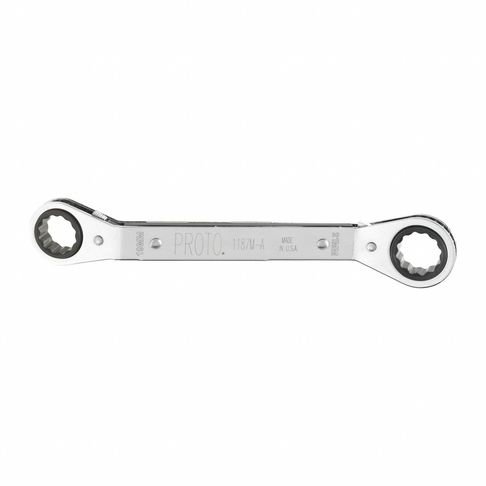 Box End Wrench: Chrome, 19 mm_21 mm Head Size, 8 3/4 in Overall Lg, Offset, Reversing, Metric