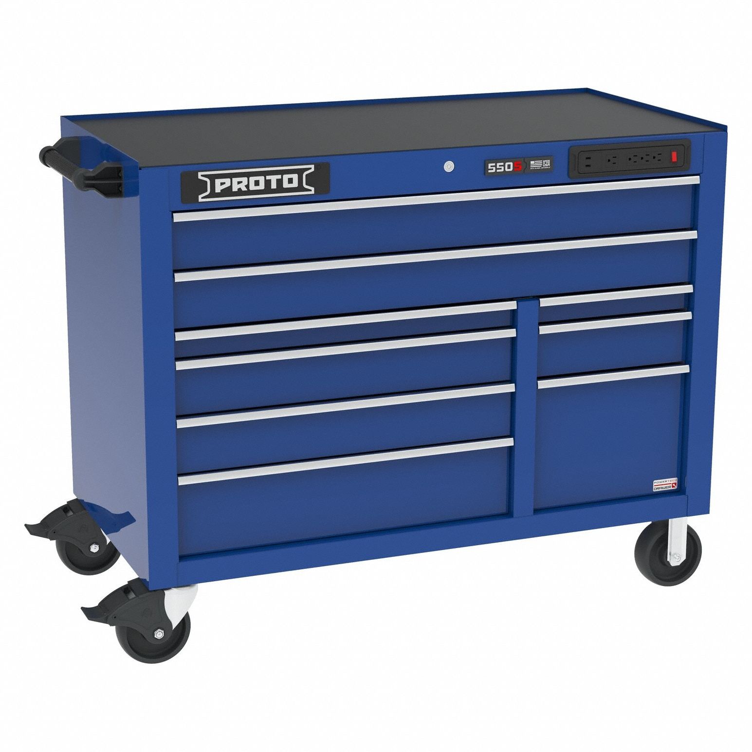 Rolling Tool Cabinet: Blue / Blue Drawer, 50 in W x 25 1/4 in D x 41 in H, 9 Drawers