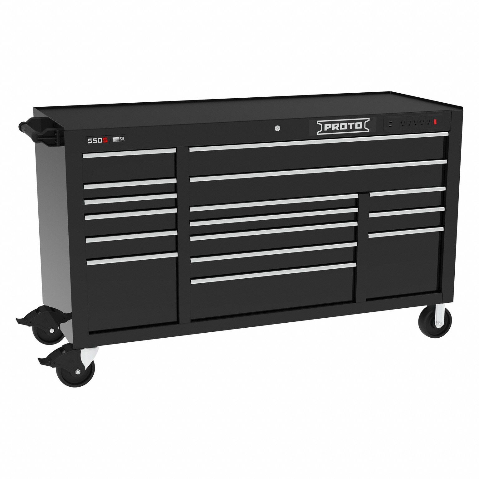 Rolling Tool Cabinet: Black / Black Drawer, 67 in W x 25 1/4 in D x 41 in H, 16 Drawers