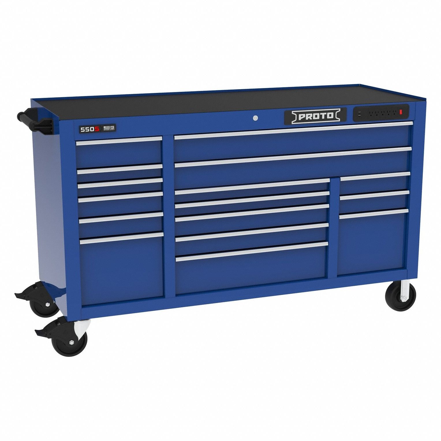 Rolling Tool Cabinet: Blue / Blue Drawer, 67 in W x 25 1/4 in D x 41 in H, 16 Drawers