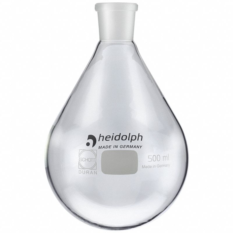 HEIDOLPH Rotary Evaporator Glassware: 500 mL, Colorless, Round, 24/40 Compatible with Stopper Size (MPN 036302330). Key specifications — Shape: Round; Body Color: Colorless; Brand: HEIDOLPH; Compatible with Stopper Size: 24/40.