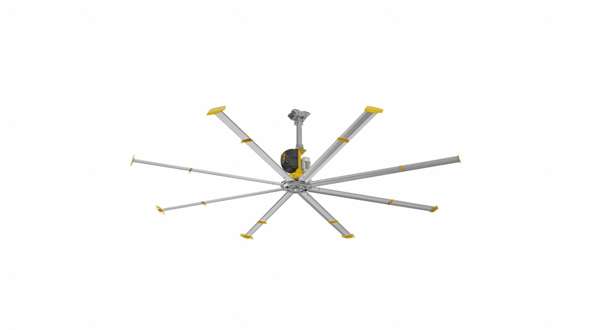 BIG ASS FANS Ceiling Fan: 18 ft Blade Dia, Variable Speeds, 480V AC, Three Phase, Silver/Yellow (MPN F-PFX4-1804). Key specifications — Voltage: 480V AC; Light Kit: No; Number of Speeds: Variable; Phase: Three; Brand: BIG ASS FANS.