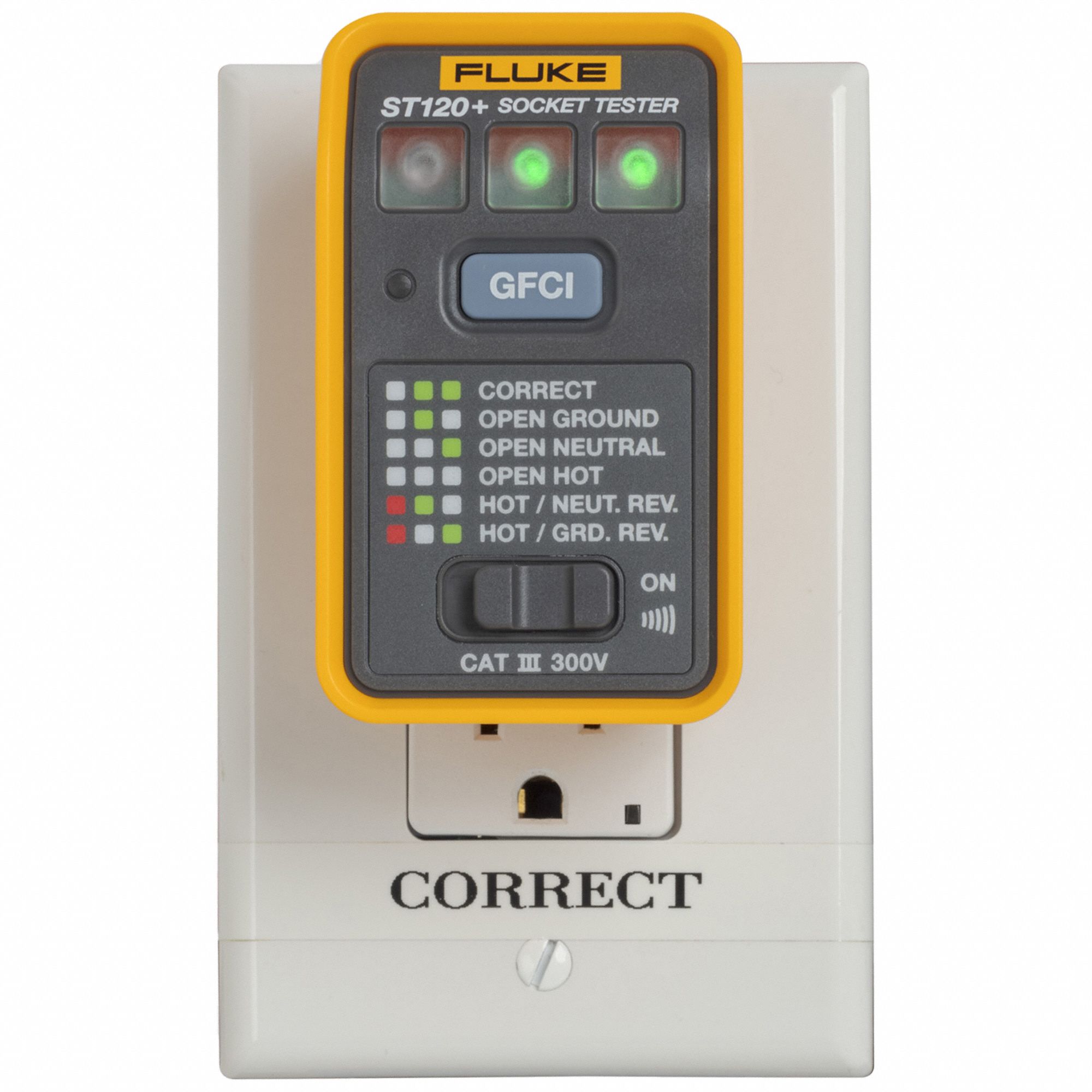 FLUKE Socket Tester GFCI Testers, GFCI Testers, ST120+, 1 Red/2 Green