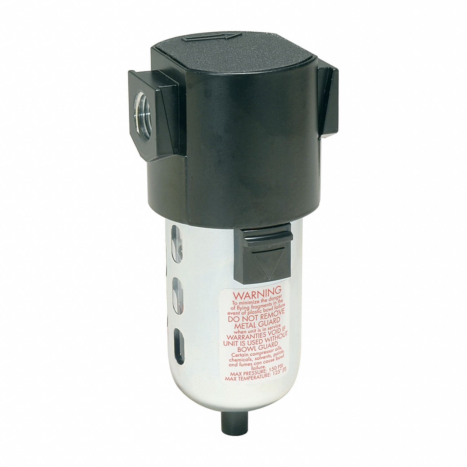 Filter: Particulate, 1/2 in NPT, 5 micron, 63 scfm, 150 psig Max Op Pressure, Plastic Bowl