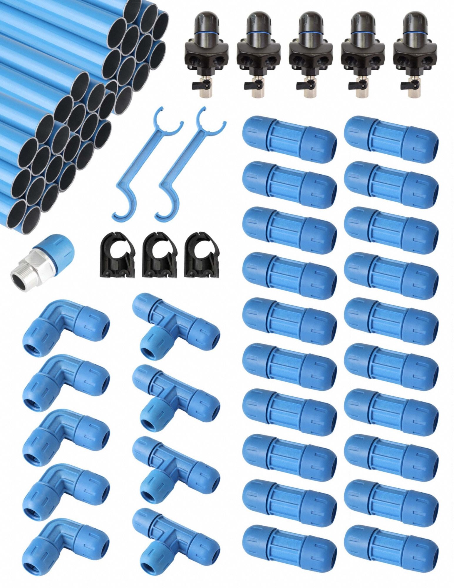 Compressed Pipe Air Kit: 3/4 in Compatible Tube Sizes Included, Aluminum, Straight, Elbow