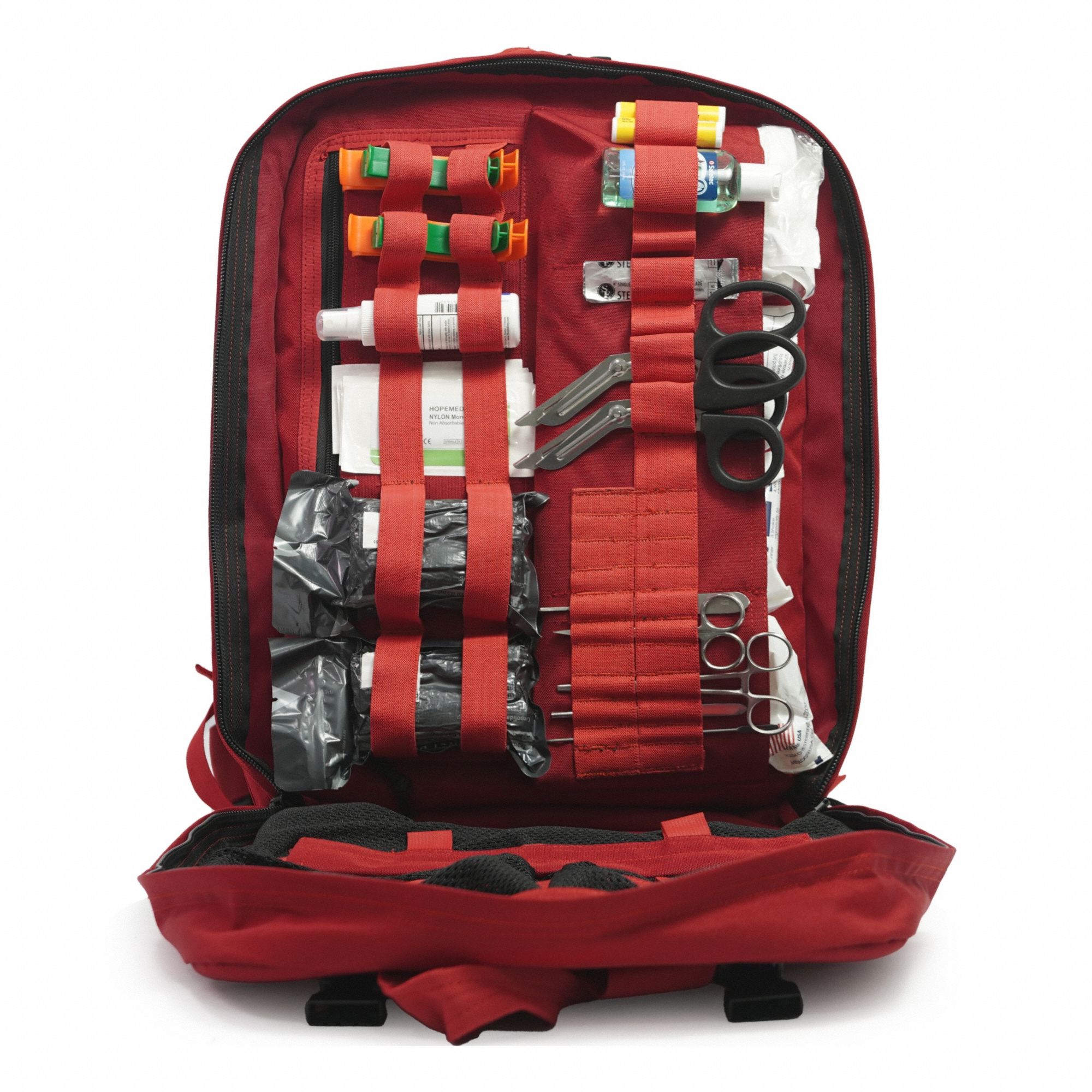 Backpack Responder Kit: 506 Components, Nylon, Bag, Red, No Medication Included, Nylon
