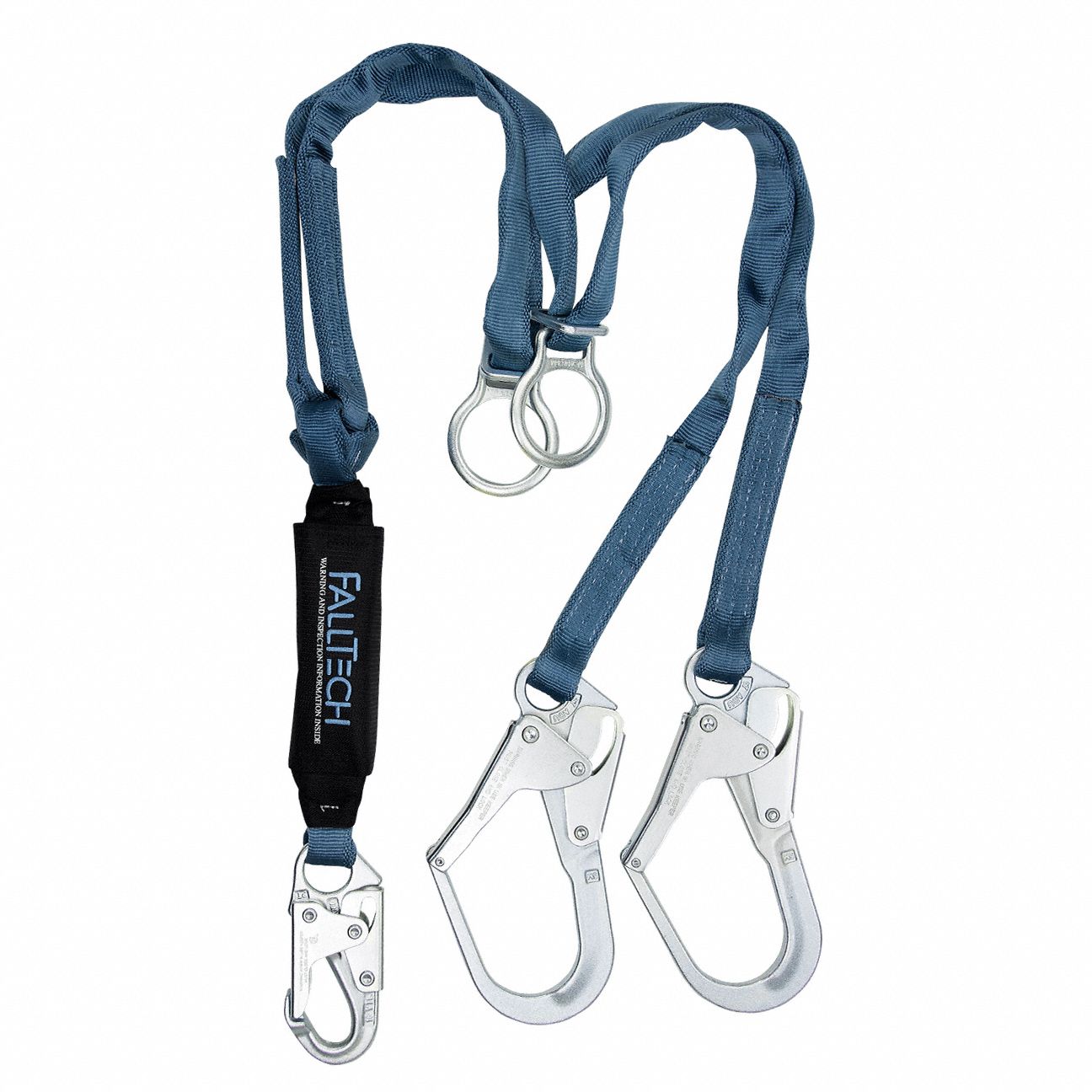 ENERGY-ABSORBING LANYARD, BLUE, POLYESTER, 2 LEGS, 6 FT MAX WORKING LENGTH, REBAR HOOK