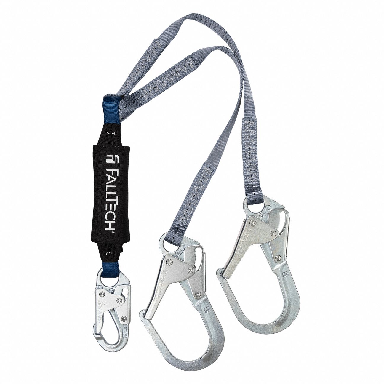 ENERGY-ABSORBING LANYARD, GREY, POLYESTER, 2 LEGS, MAX WORKING LENGTH 4 FT, REBAR HOOK