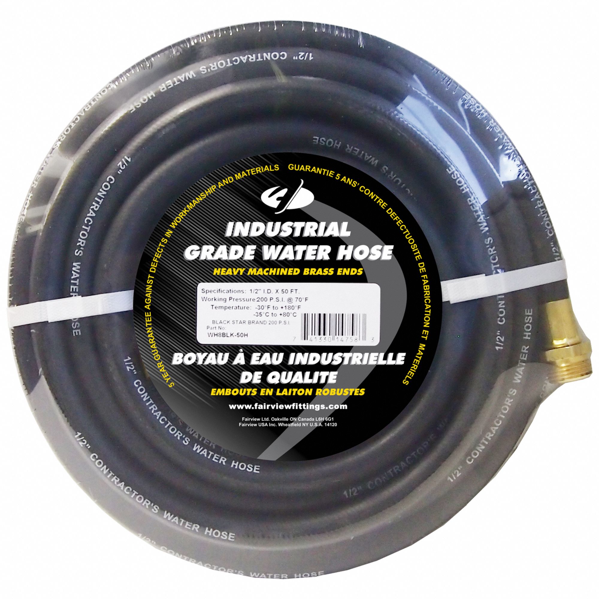 WATER HOSE, -22 °  TO 167 °  F, RUBBER, 25 FT L, BLACK, 200 PSI AT 70 °  F, 5/8 IN INSIDE DIAMETER