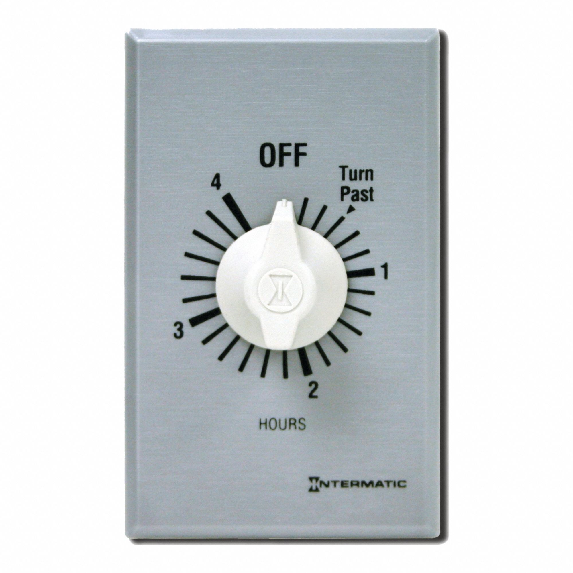 Spring-Wound Timer: 4 hr Max, SPDT, 277V AC, Wall Plate Included, Silver