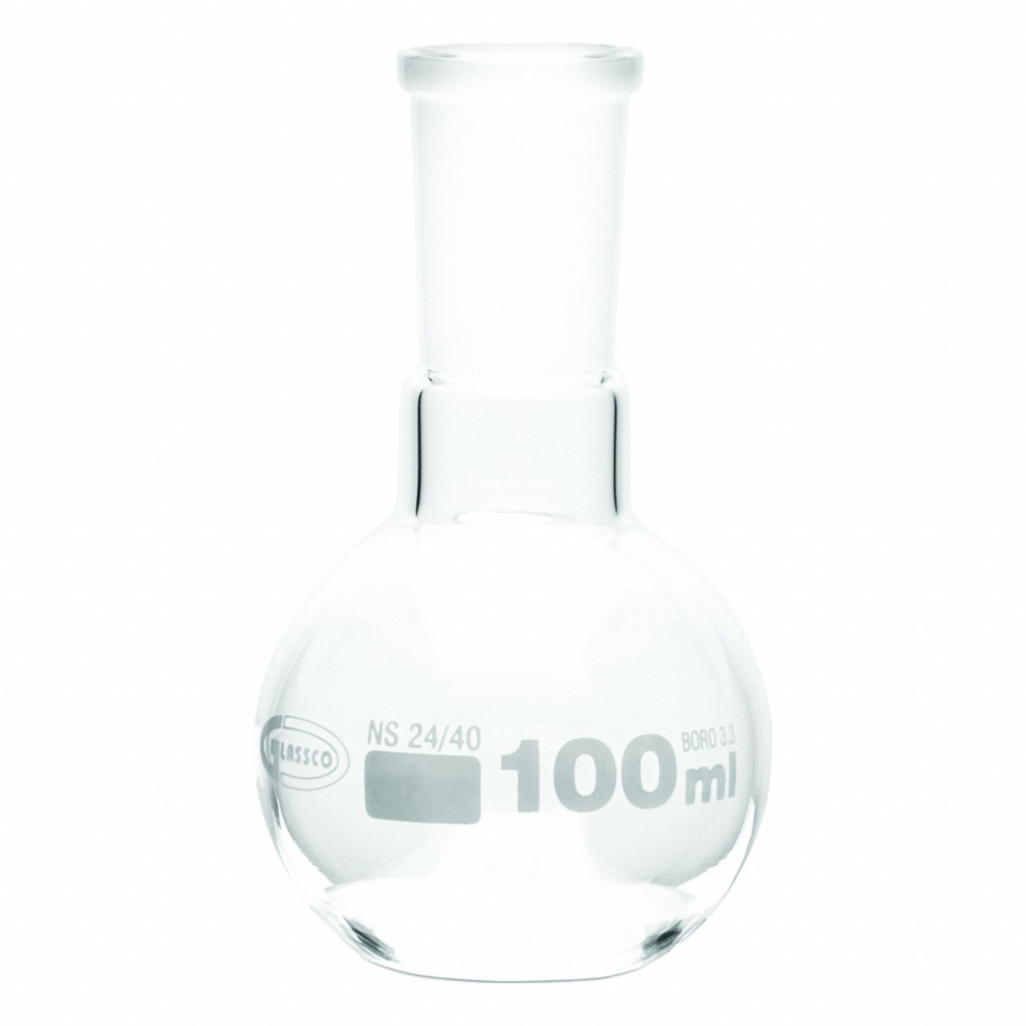 UNITED SCIENTIFIC SUPPLIES INC Glass Flasks: 100 mL, Colorless, Round, Includes Closure (MPN FFB058-100). Key specifications — Shape: Round; Body Color: Colorless; Brand: UNITED SCIENTIFIC SUPPLIES INC; Compatible with Stopper Size: 24/40; USP Specification: Type I.
