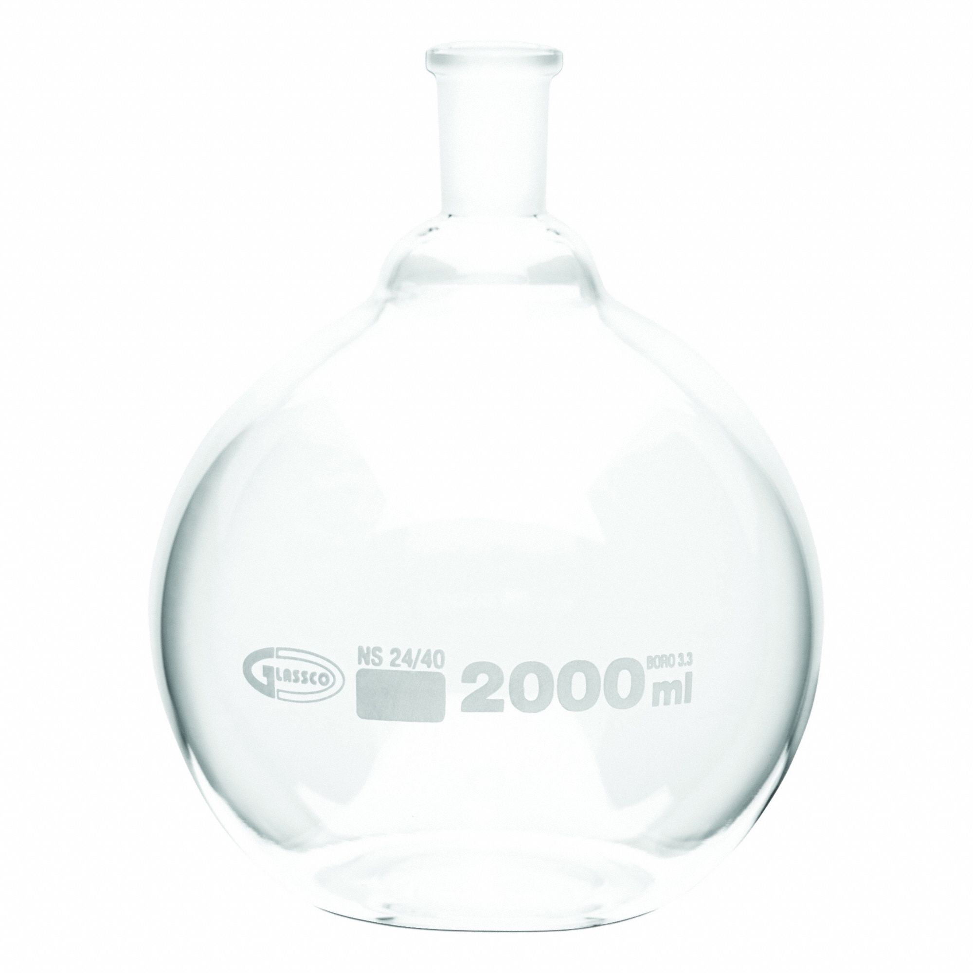 UNITED SCIENTIFIC SUPPLIES INC Glass Flasks: 2,000 mL, Colorless, Round, Includes Closure (MPN FFB058-2000). Key specifications — Shape: Round; Body Color: Colorless; Brand: UNITED SCIENTIFIC SUPPLIES INC; Compatible with Stopper Size: 24/40; USP Specification: Type I.
