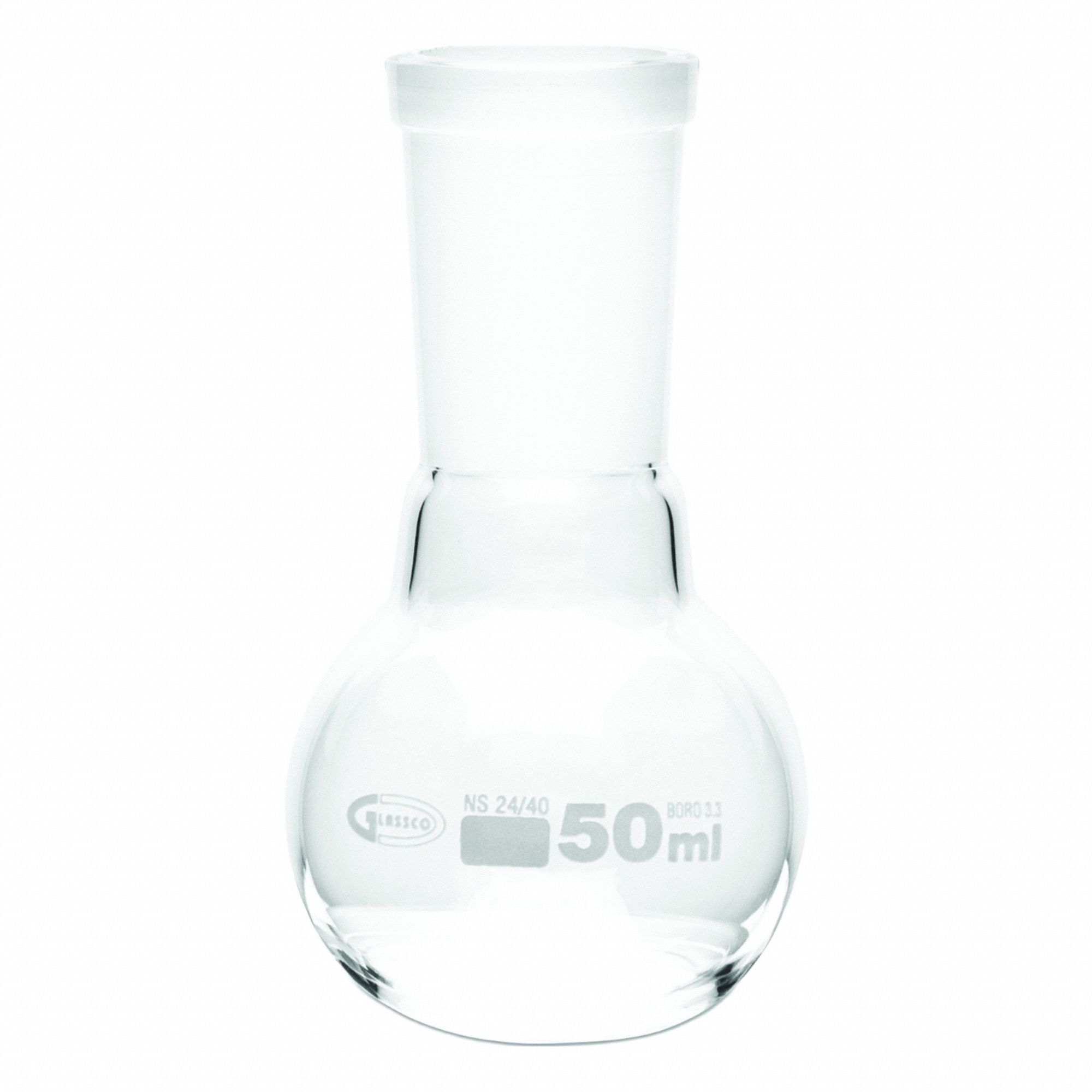 UNITED SCIENTIFIC SUPPLIES INC Glass Flasks: 50 mL, Colorless, Round, Includes Closure (MPN FFB058-50). Key specifications — Shape: Round; Body Color: Colorless; Brand: UNITED SCIENTIFIC SUPPLIES INC; Compatible with Stopper Size: 24/40; USP Specification: Type I.