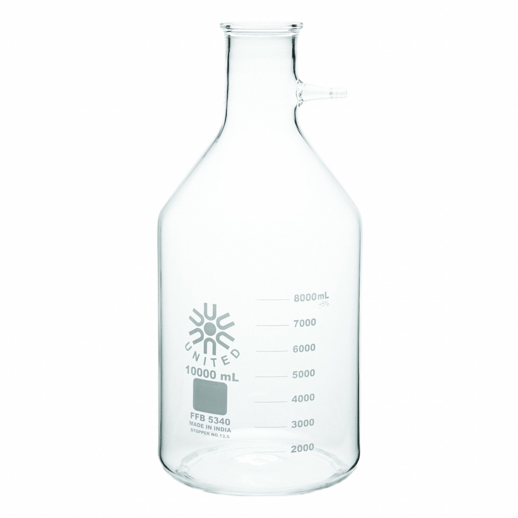UNITED SCIENTIFIC SUPPLIES INC Glass Flasks: 10,000 mL, Colorless, Conical, 495 mm Overall Ht (MPN FFB5340-10000). Key specifications — Shape: Conical; Body Color: Colorless; Brand: UNITED SCIENTIFIC SUPPLIES INC; USP Specification: Type I.