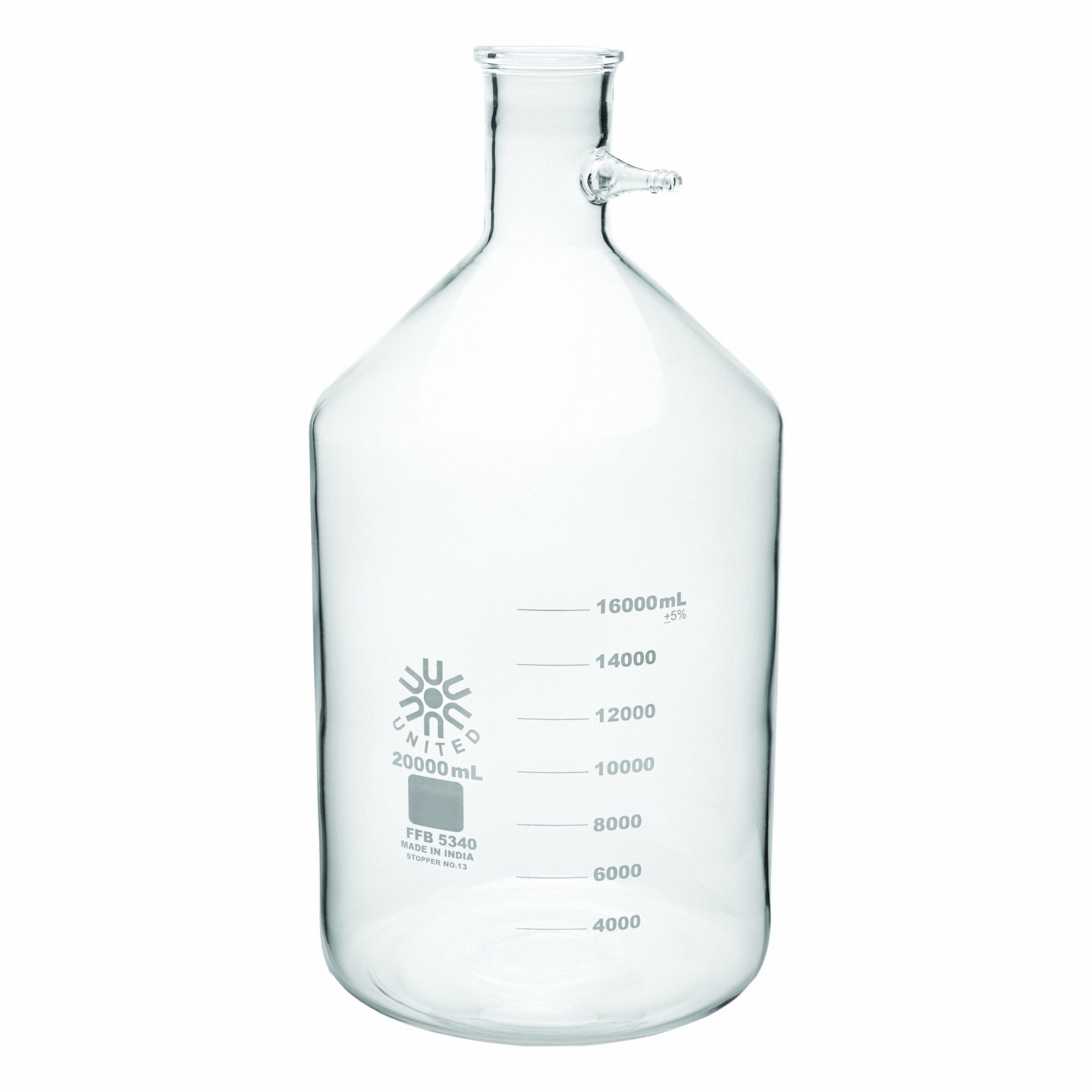 UNITED SCIENTIFIC SUPPLIES INC Glass Flasks: 20,000 mL, Colorless, Conical, 588 mm Overall Ht (MPN FFB5340-20000). Key specifications — Shape: Conical; Body Color: Colorless; Brand: UNITED SCIENTIFIC SUPPLIES INC; USP Specification: Type I.