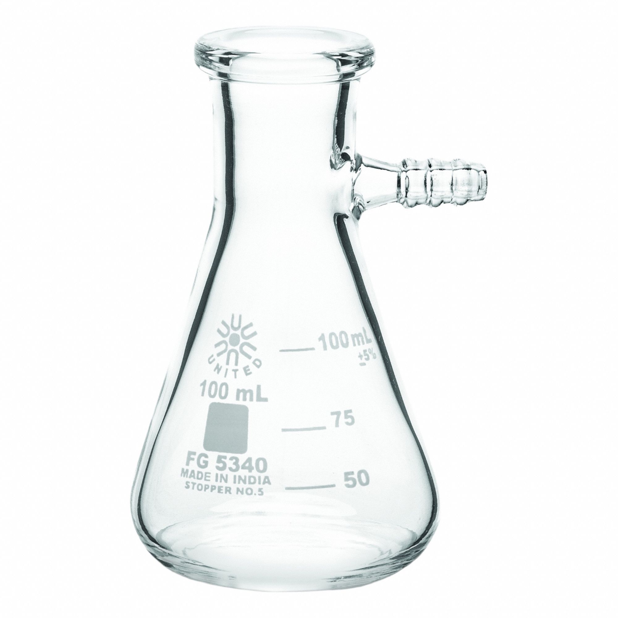 UNITED SCIENTIFIC SUPPLIES INC Glass Flasks: 100 mL, Colorless, Conical, A, 108 mm Overall Ht (MPN FG5340-100). Key specifications — Shape: Conical; Body Color: Colorless; Brand: UNITED SCIENTIFIC SUPPLIES INC; Compatible with Stopper Size: 5; USP Specification: Type I.