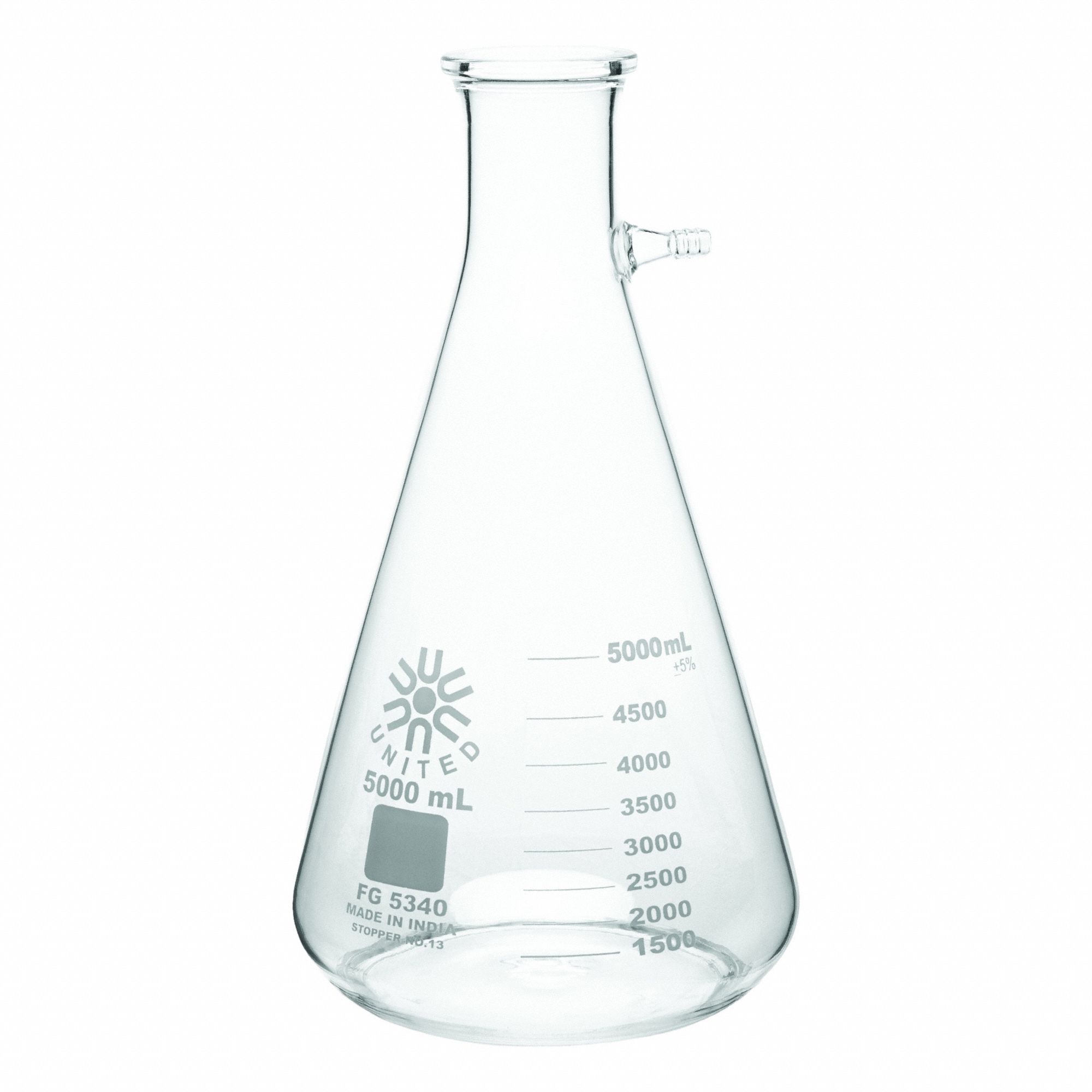 UNITED SCIENTIFIC SUPPLIES INC Glass Flasks: 5,000 mL, Colorless, Conical, 390 mm Overall Ht (MPN FG5340-5000). Key specifications — Shape: Conical; Body Color: Colorless; Brand: UNITED SCIENTIFIC SUPPLIES INC; Compatible with Stopper Size: 13; USP Specification: Type I.