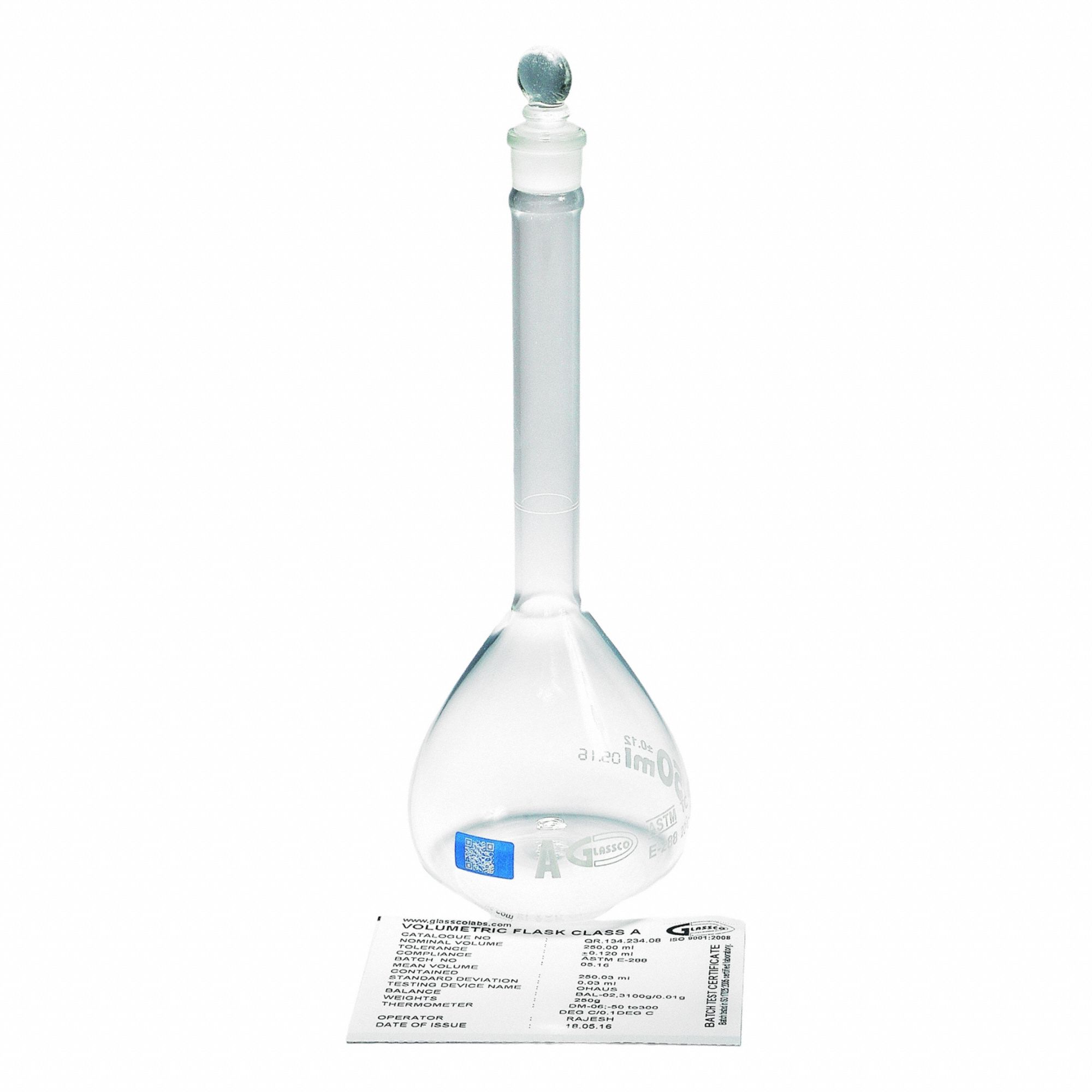 UNITED SCIENTIFIC SUPPLIES INC Glass Flasks: 5 mL, Colorless, Round, A, +/-0.02 mL, Includes Closure (MPN FG5640-5QR). Key specifications — Shape: Round; Tolerance: +/-0.02 mL; Body Color: Colorless; Brand: UNITED SCIENTIFIC SUPPLIES INC; Compatible with Stopper Size: 9; USP Specification: Type I.