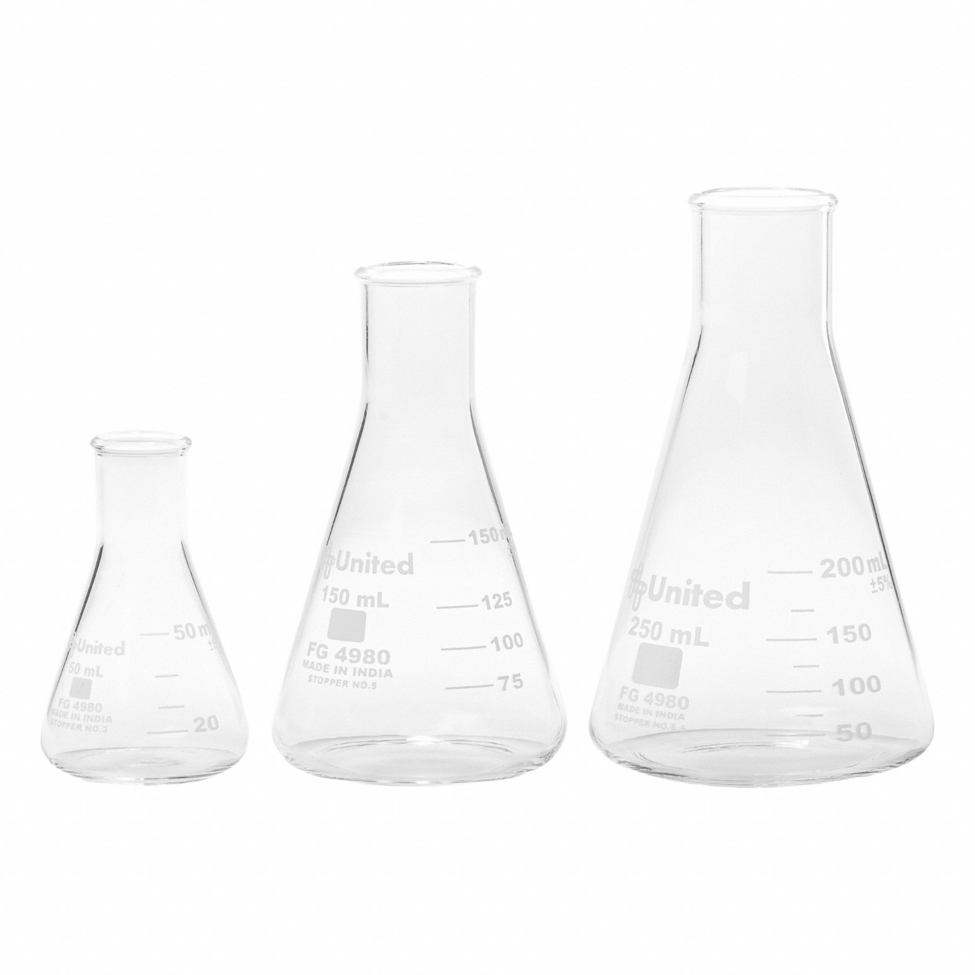 UNITED SCIENTIFIC SUPPLIES INC Glass Flasks: 50 mL_150 mL_200 mL, Colorless, Conical (MPN FGSET3). Key specifications — Shape: Conical; Tolerance: +/-5%; Body Color: Colorless; Brand: UNITED SCIENTIFIC SUPPLIES INC; Compatible with Stopper Size: 3; USP Specification: Type I.