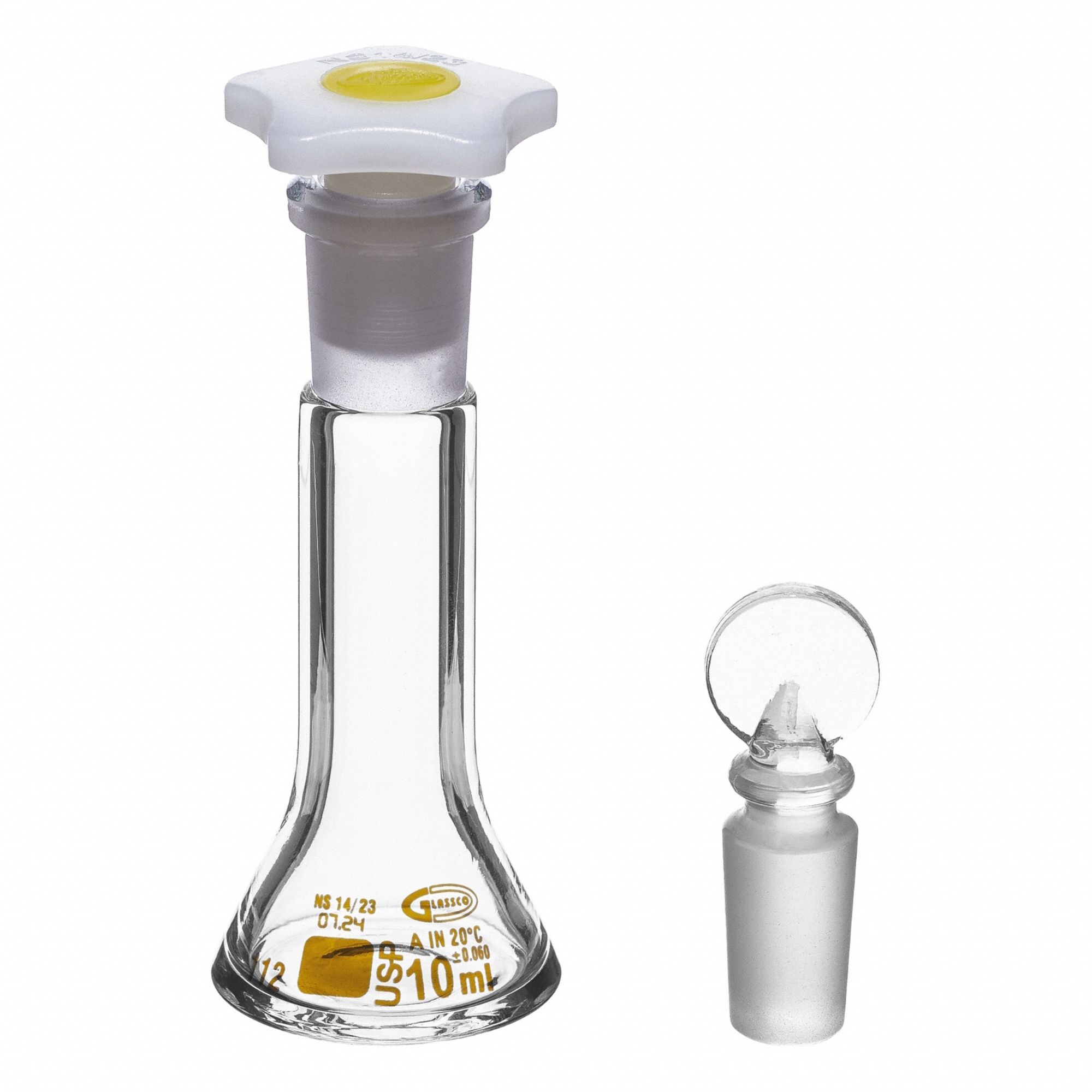 UNITED SCIENTIFIC SUPPLIES INC Glass Flasks: 10 mL, Colorless, Round, A, +/-0.06 mL (MPN FGWM010). Key specifications — Shape: Round; Tolerance: +/-0.06 mL; Body Color: Colorless; Brand: UNITED SCIENTIFIC SUPPLIES INC; Compatible with Stopper Size: 14/23; USP Specification: Type I.